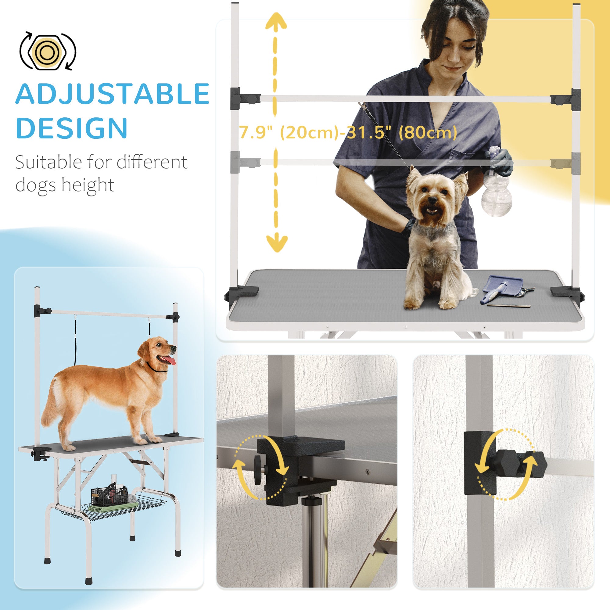 PawHut Adjustable Dog Grooming Table with 2 Safety Slings, Storage Basket, Grey