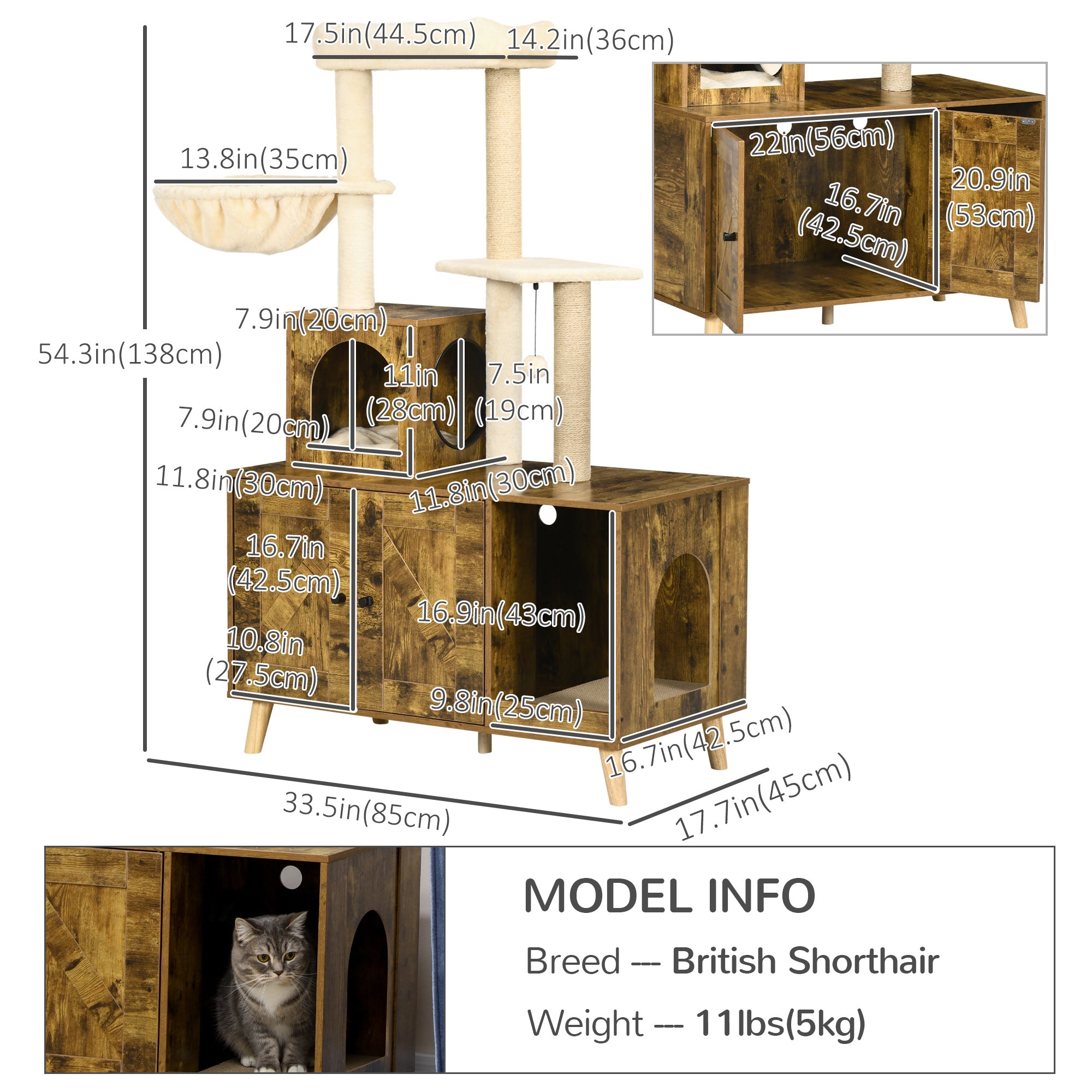 PawHut Litter Box Enclosure with Cat Tree Tower, Hidden Cat Washroom Furniture with Condo, Scratching Posts, Large Platform, Hammock and Soft Cushion, Rustic Brown
