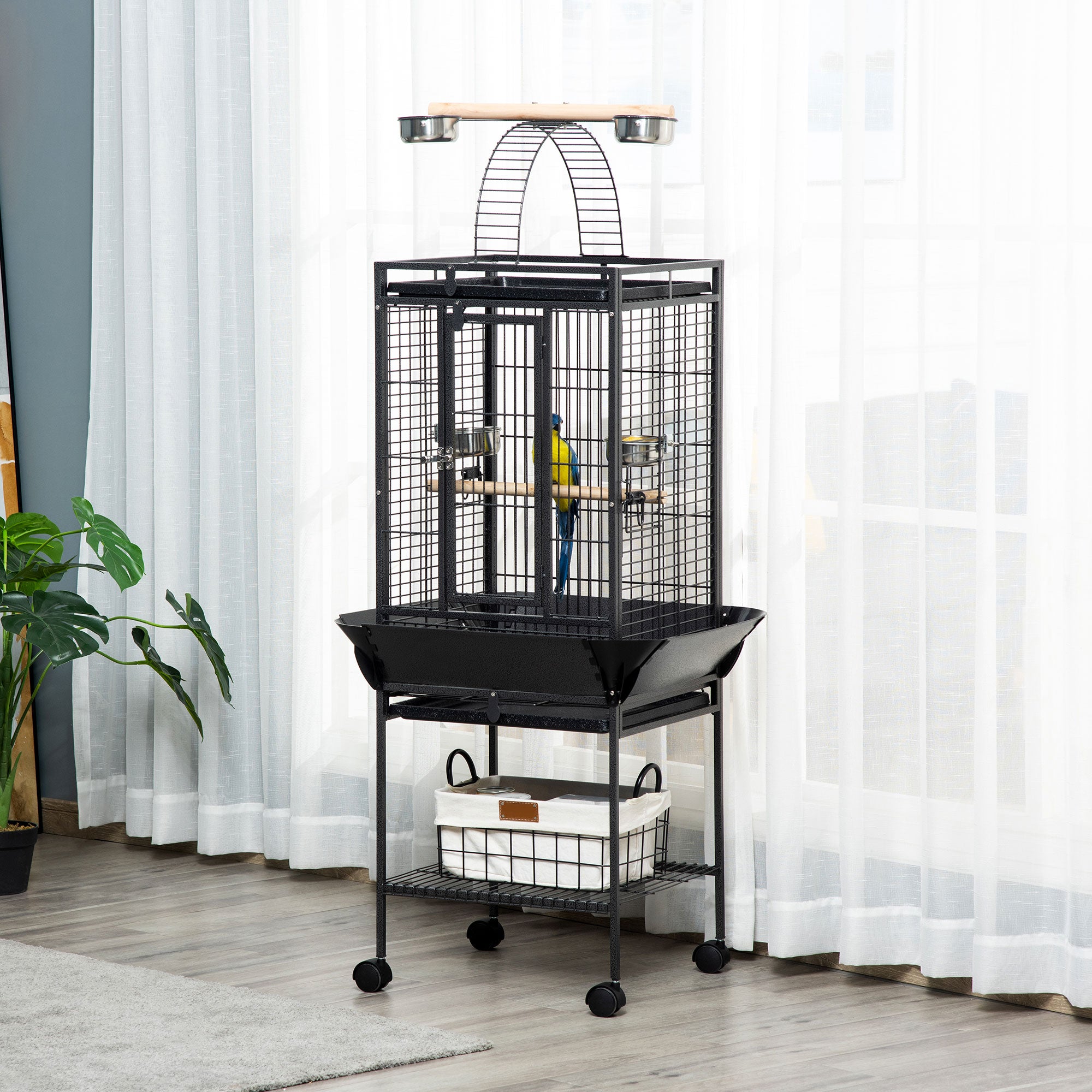 PawHut 61.5 Inch Bird Cage Parakeet House for Cockatiel with Stand, Pull Out Tray, Play Top, Storage Shelf, Wood Perch, Food Container