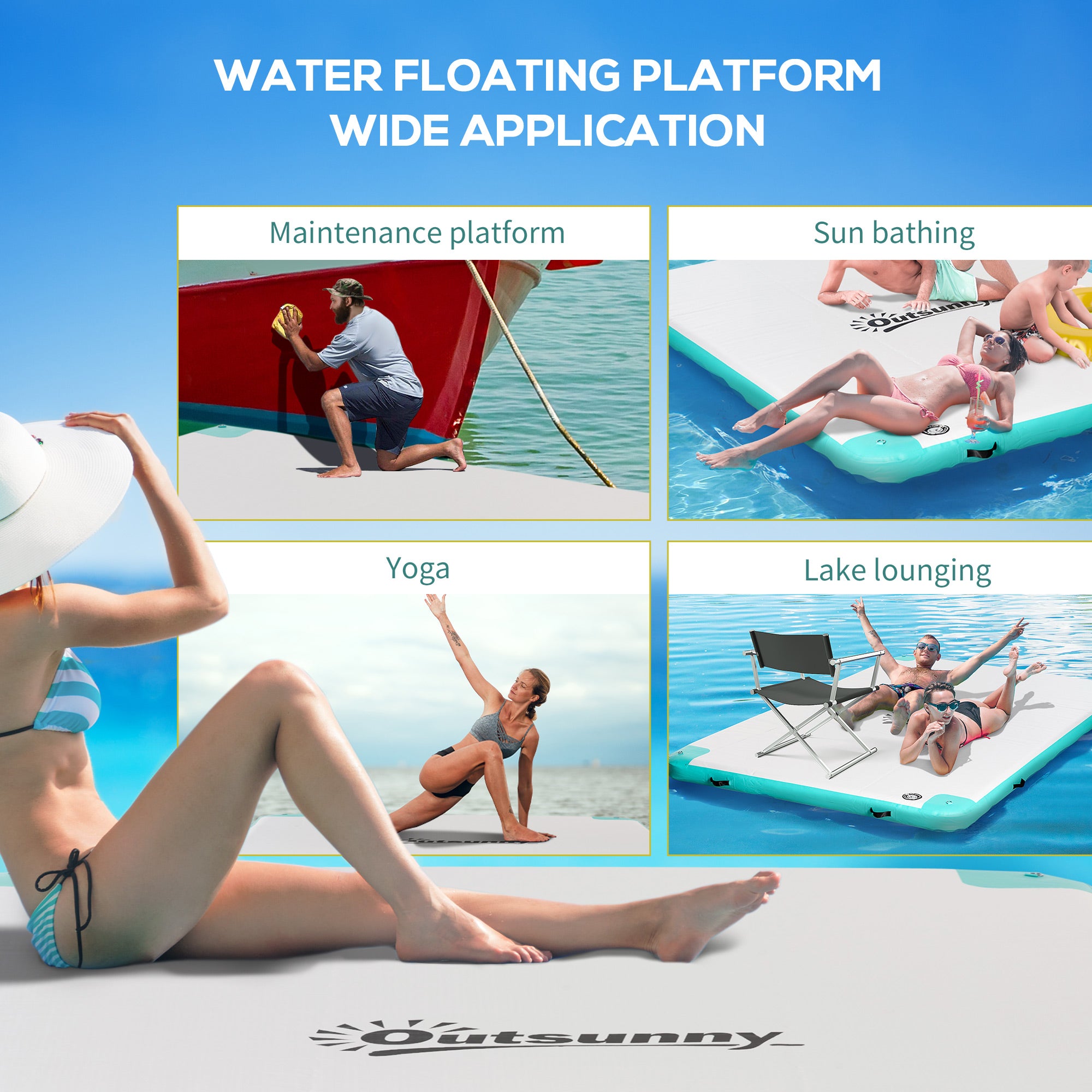 Outsunny 10' x 7' Water Floating Dock, Rafting Inflatable Island with Air Pump and Backpack for Pool, Beach, Ocean, Blue & Green