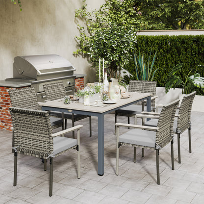 Outsunny 7 Pieces Wicker Outdoor Furniture Set, Rattan Patio Dining Set with Cushions, Umbrella Hole for Garden Backyard, Grey