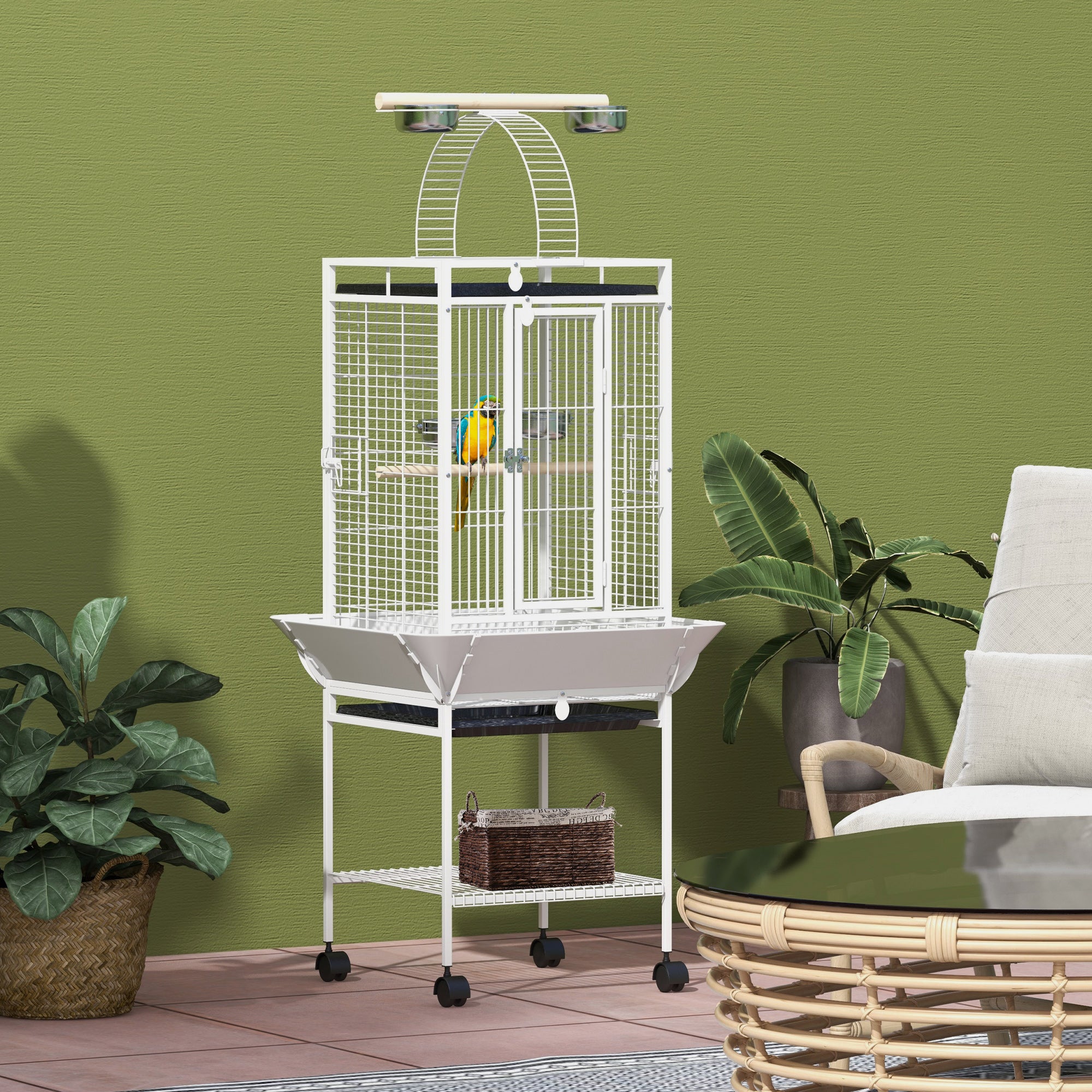 PawHut 61.5 Inch Bird Cage Parakeet House for Cockatiel with Stand, Pull Out Tray, Play Top, Storage Shelf, Wood Perch, Food Container