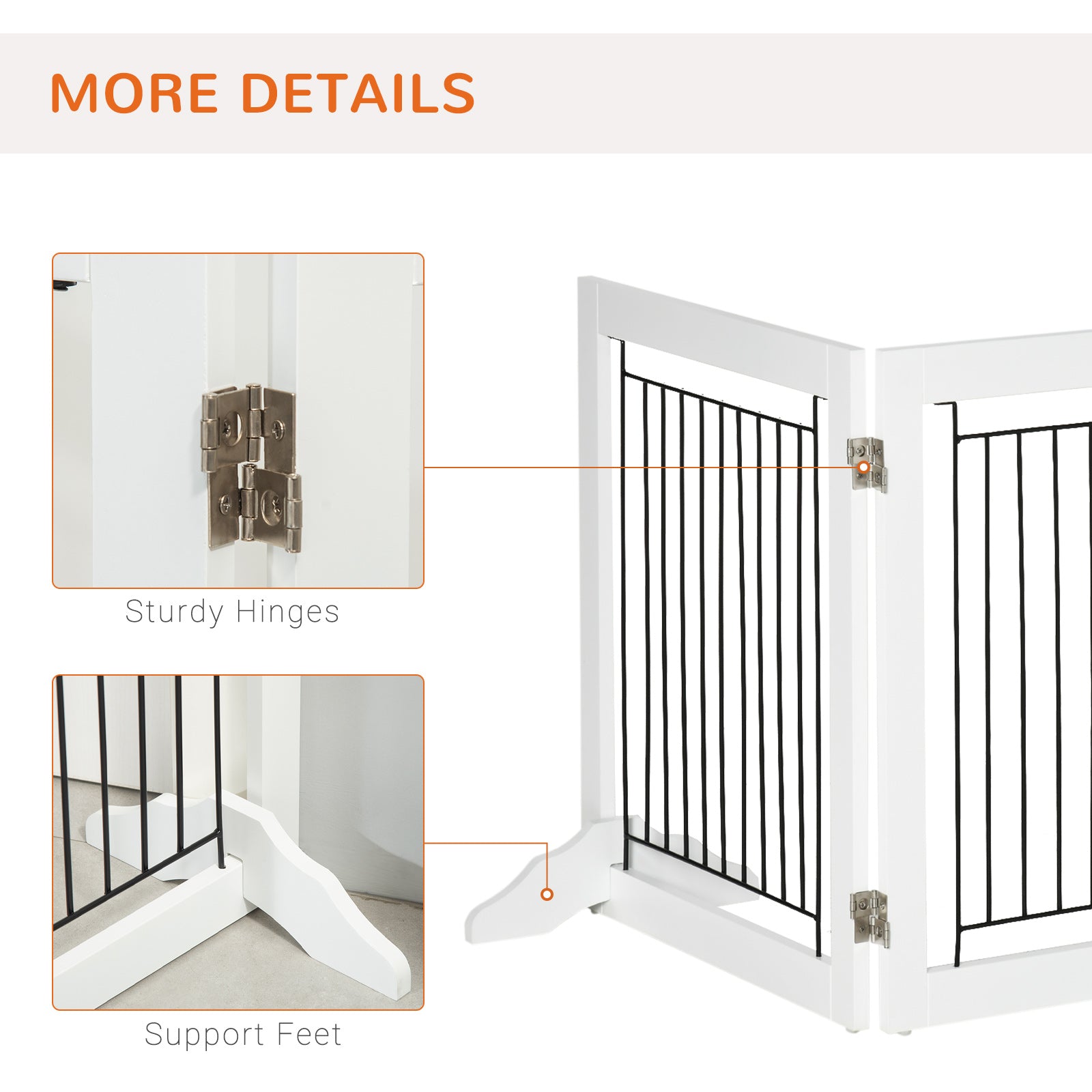 PawHut Freestanding Pet Gate, Folding Dog Gate with 2 Support Feet, 24" High, 3 Panels, for Small Dogs, Puppies, Indoor Use - White