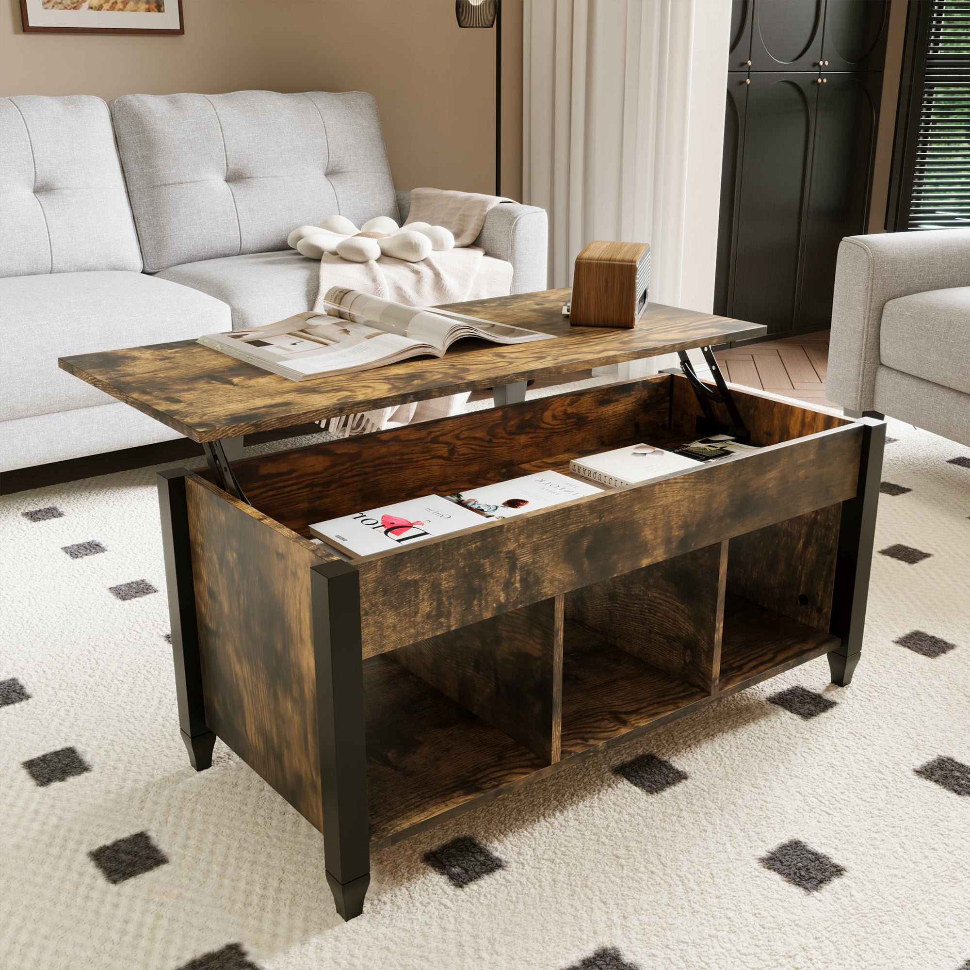 HOMCOM Lift Top Coffee Table with Hidden Storage Compartment and 3 Lower Shelves, Pop-Up Center Table for Living Room, Rustic Brown