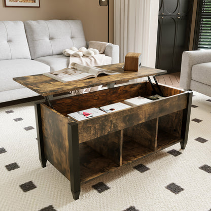 HOMCOM Lift Top Coffee Table with Hidden Storage Compartment and 3 Lower Shelves, Pop-Up Center Table for Living Room, Rustic Brown