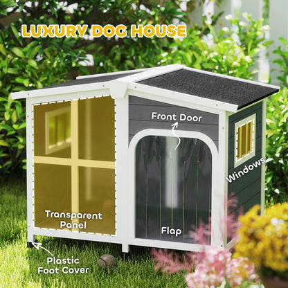 PawHut Wooden Dog House, Raised Pet Kennel with Removable Bottom, Openable Asphalt Roof, Door Curtain, Side Windows, Dark Grey