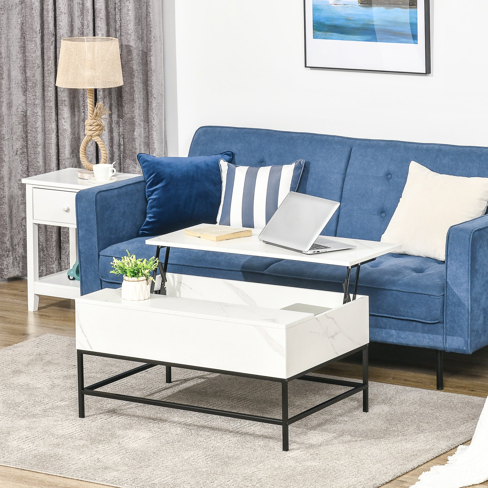 HOMCOM Lift Top Coffee Table with Hidden Storage Compartment Lift Tabletop Center Table for Living Room, White