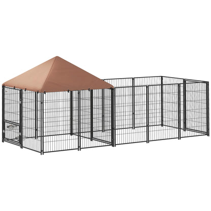 PawHut Outdoor Dog Kennel with Rotating and Adjustable Height Bowls, Waterproof UV-Resistant Cover, 11.3' x 4.7' x 5.1'