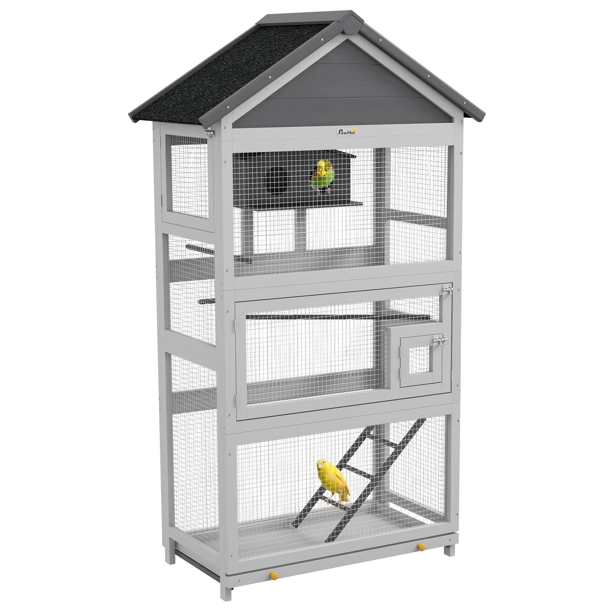 PawHut Wooden Bird Cage with Perches, Bird House, Ladder, Slide-Out Tray for Finches, Parakeets, Small Birds, Grey