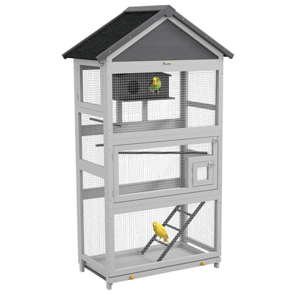 PawHut Wooden Bird Cage with Perches, Bird House, Ladder, Slide-Out Tray for Finches, Parakeets, Small Birds, Grey