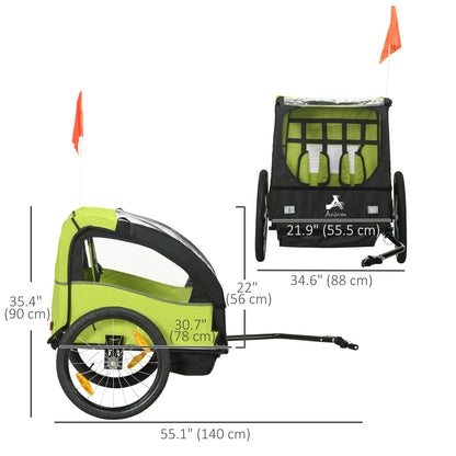 Aosom 2 Seat Bike Trailer for Kids, Baby Stroller with Storage Bag, 5 Point Harness, Bicycle Trailer with 20" Wheels, Green