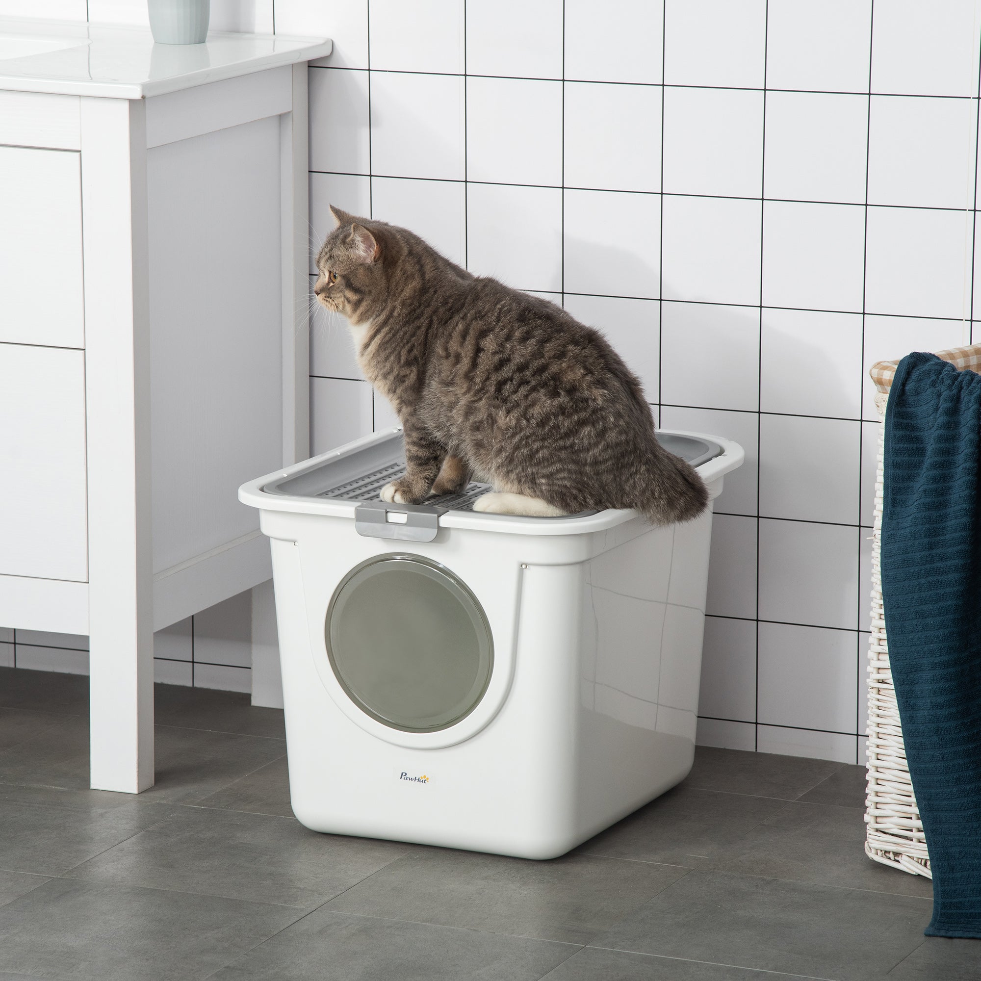 PawHut Enclosed Cat Litter Box, Easy Cleaning Kitty Litter Box with Front Entrance, Top Exit, Scoop, White