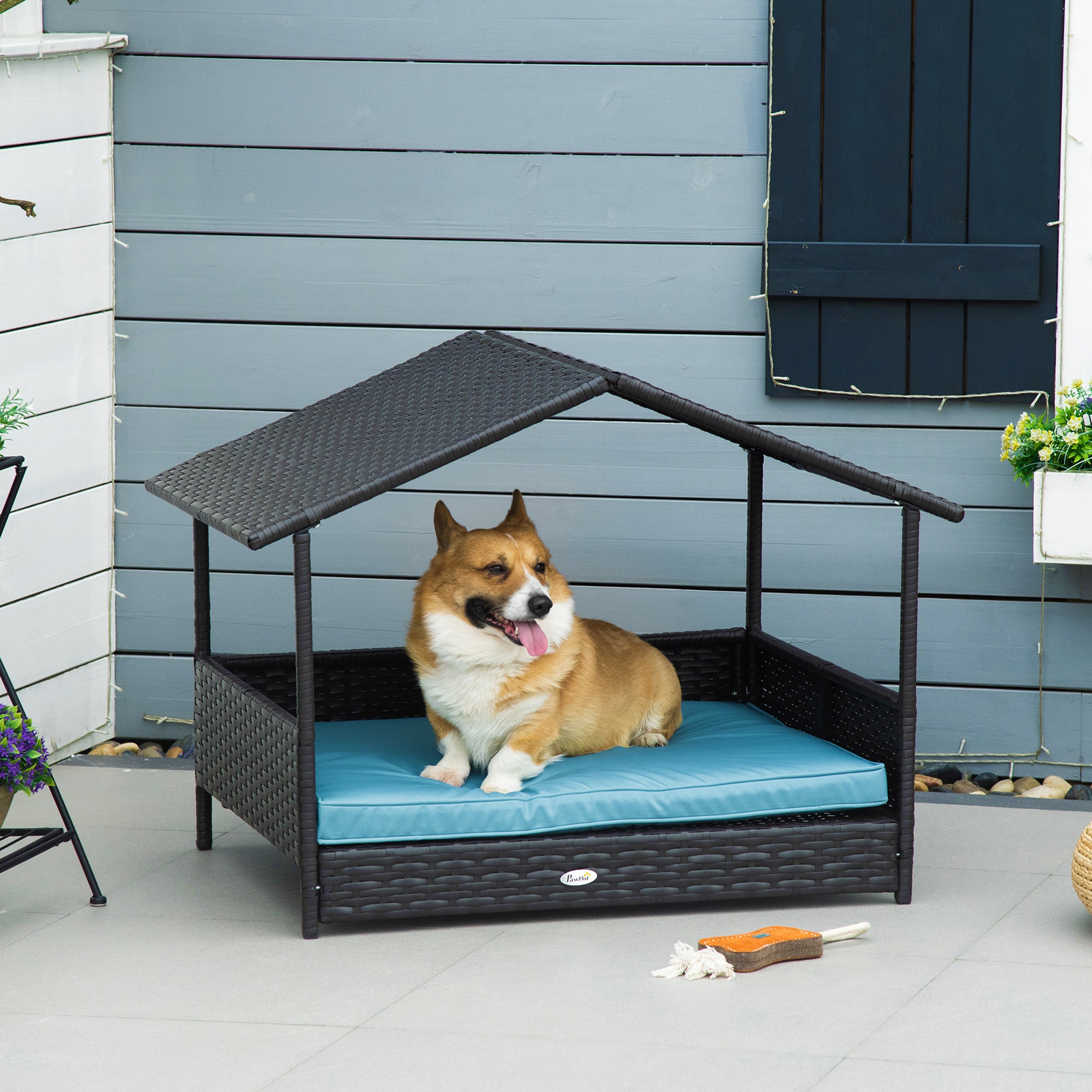 PawHut Wicker Pet House Dog Bed for Indoor/Outdoor Rattan Furniture with Cushion