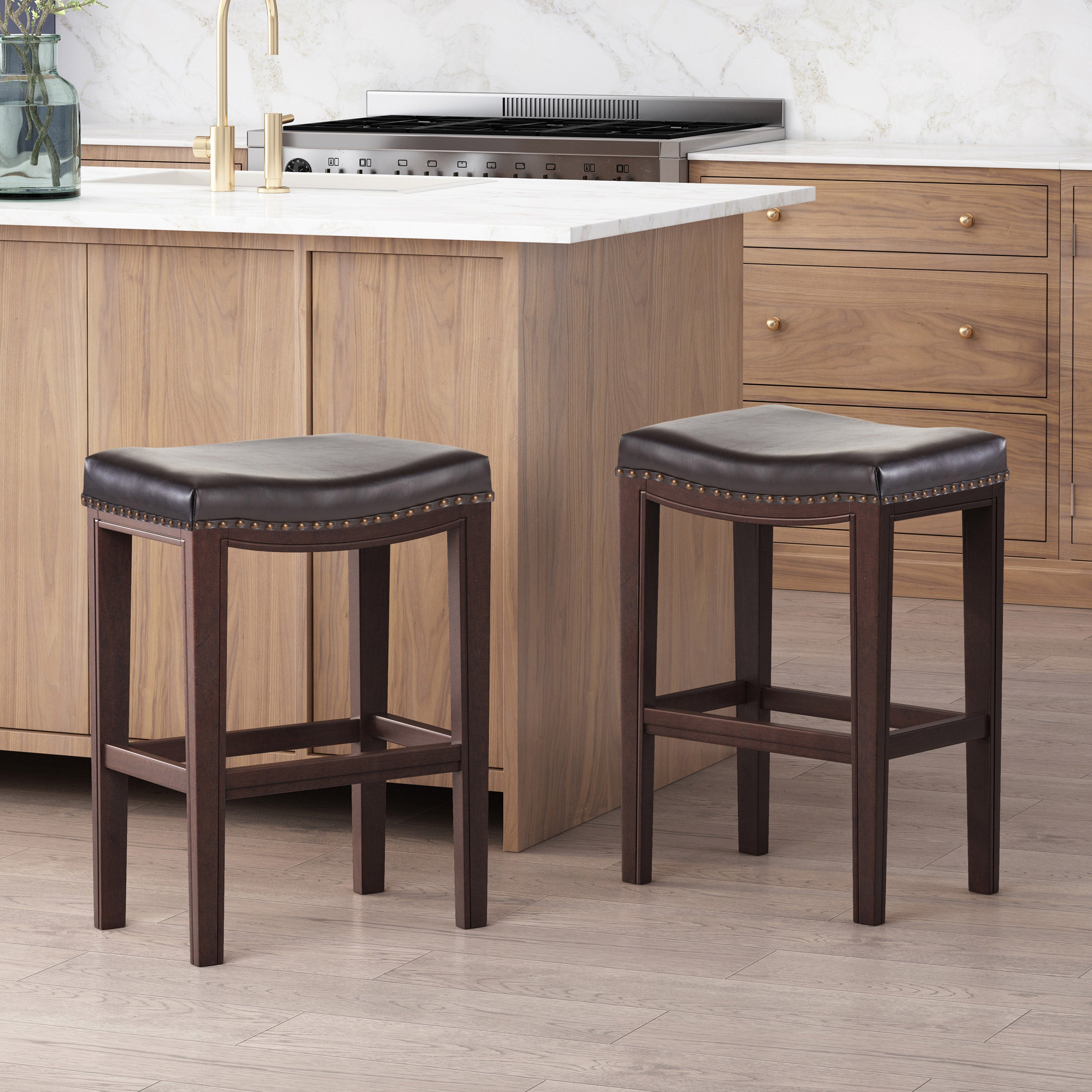Set of 2 Contemporary Studded Counter Stools with Nailhead Accents Rubberwood Saddle Seat, 18.5" L x 12" W x 26" H, Brown