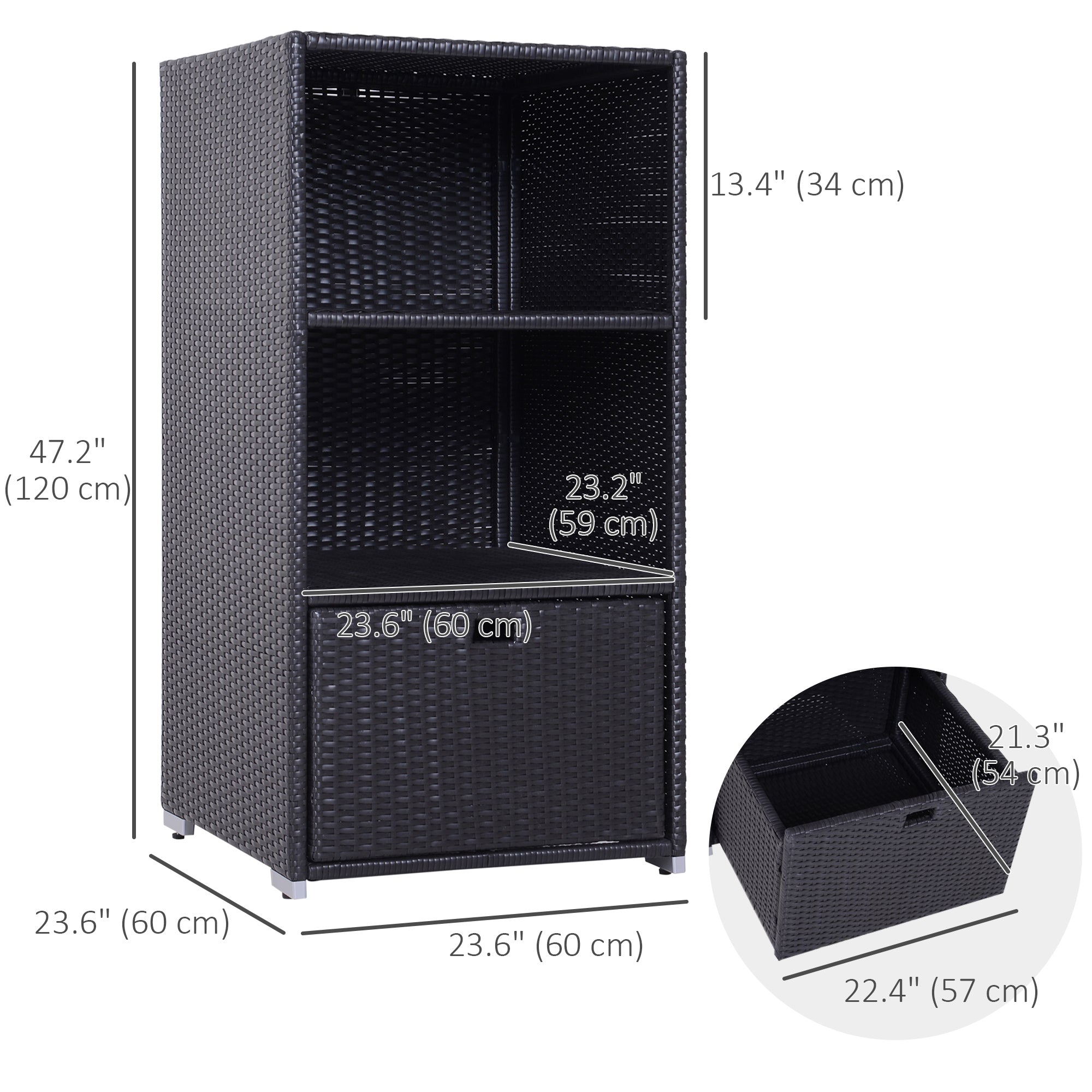 Outsunny Outdoor Storage Cabinet, Patio Storage Box Rack Rattan Wicker Pool Towel Valet Organizer Poolside Garden Lawn Bathroom Furniture Shelf w/ Shelf Drawer, Dark Brown