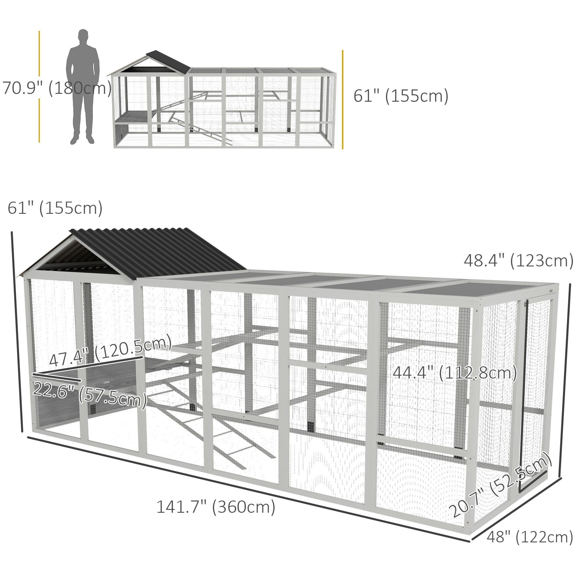 PawHut 142" Outdoor Wooden Chicken Coop with Run, Ramps, Perches, Storage, Combinable Design for 6 - 10 Chickens, Grey