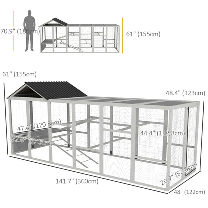 PawHut 142" Outdoor Wooden Chicken Coop with Run, Ramps, Perches, Storage, Combinable Design for 6 - 10 Chickens, Grey