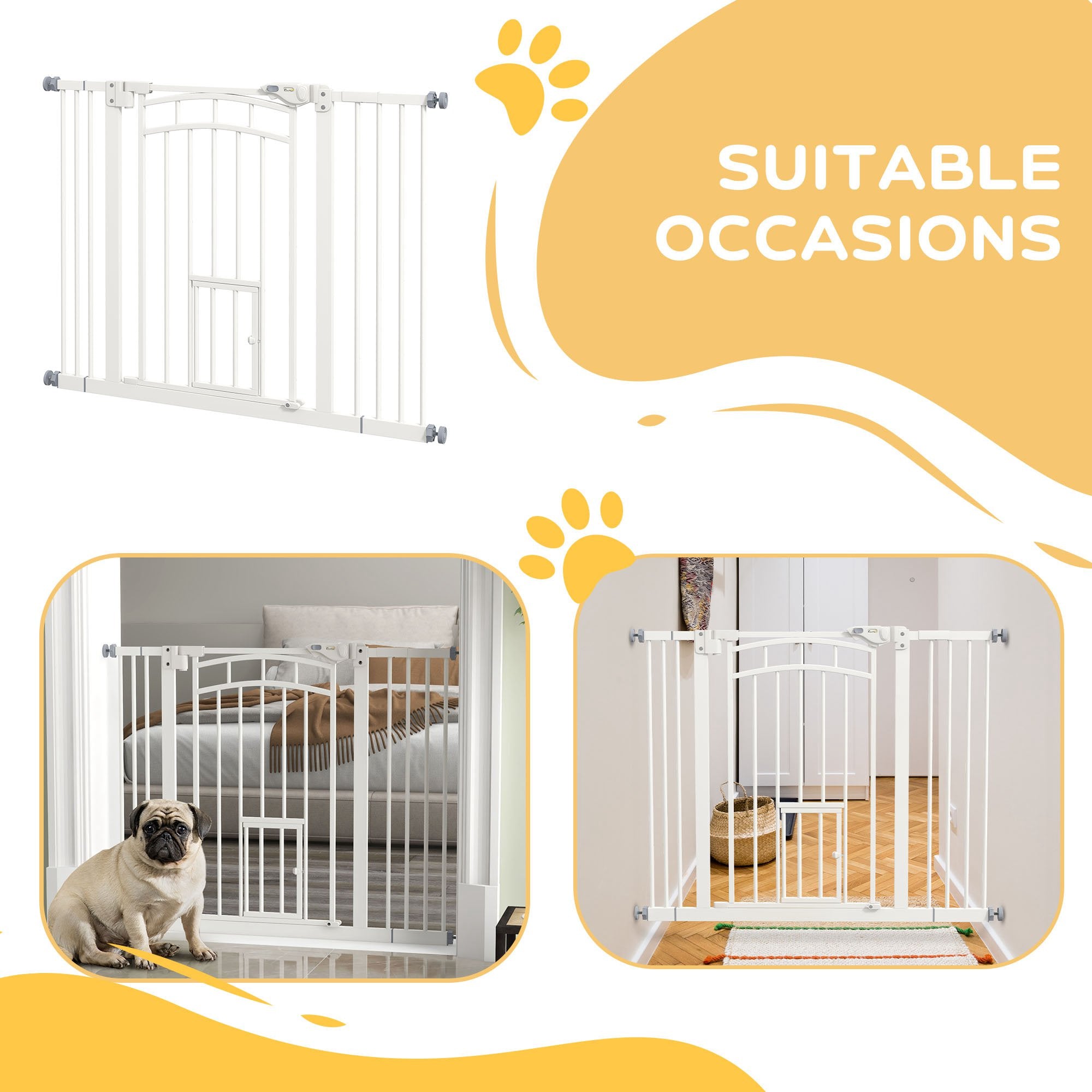 PawHut Auto-Close Pet Gate, Stair Gate with Cat Door, Double Locking for Doorways Hallways Stairs, Fits 29"-39.4" Wide, White