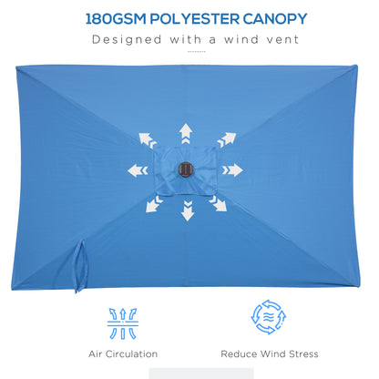 Outsunny 6' x 10' Patio Umbrella with 22 LED Solar Lights and Tilt, Rectangular Outdoor Table Umbrella with Crank, Light Blue