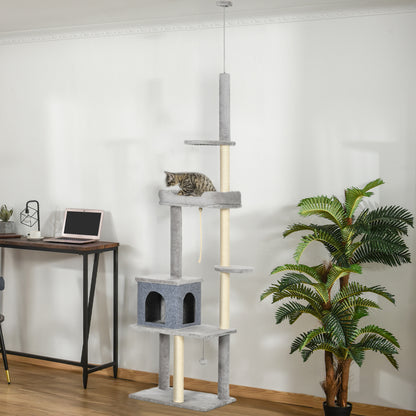 PawHut Cat Tree Floor to Ceiling Cat Tower Height Adjustable( 85-101 Inches), Tall Large Cat Climbing Activity Center with Scratching Posts Cat Condo Cozy Bed, Grey