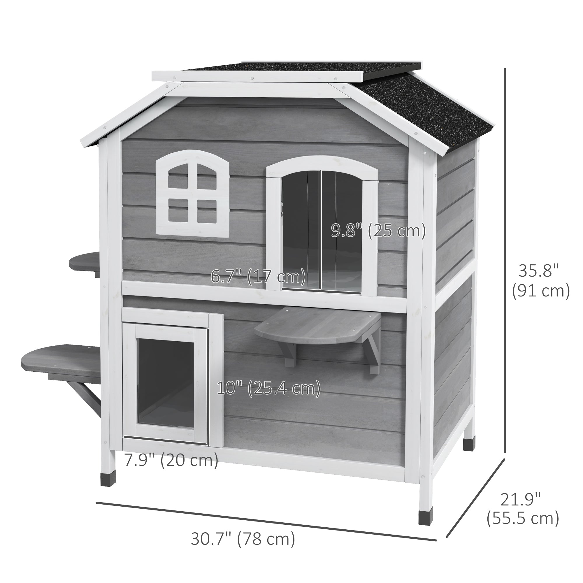 PawHut 2-Storey Outdoor Cat House, Wooden Catio with Openable Roof, Lounge Space, Fun Entrances, for Feral Cats, Grey