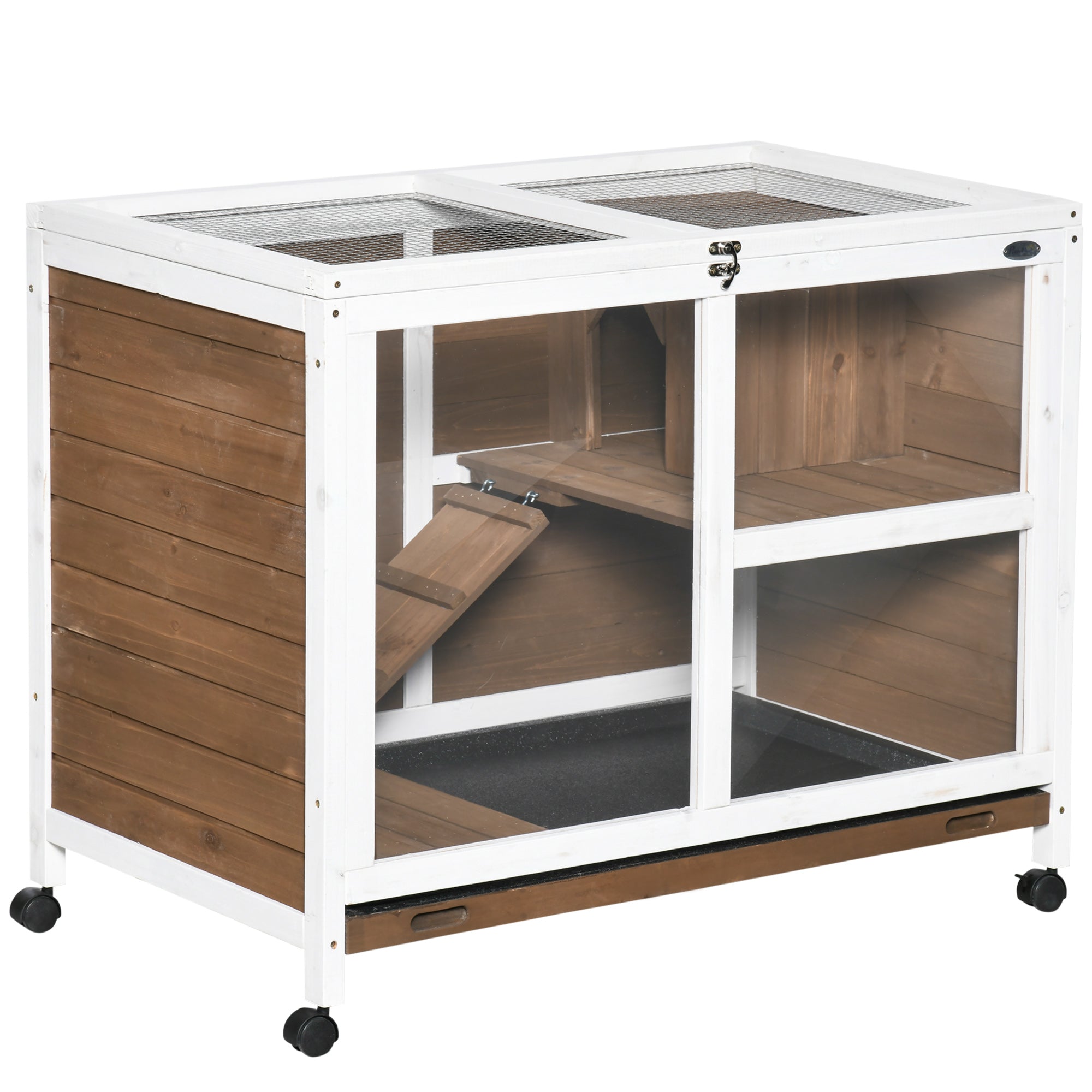 PawHut Indoor Rabbit Hutch with Wheels, Bunny Cage Guinea Pig House W/ Top Access, Ramp, Pull Out Tray, Brown