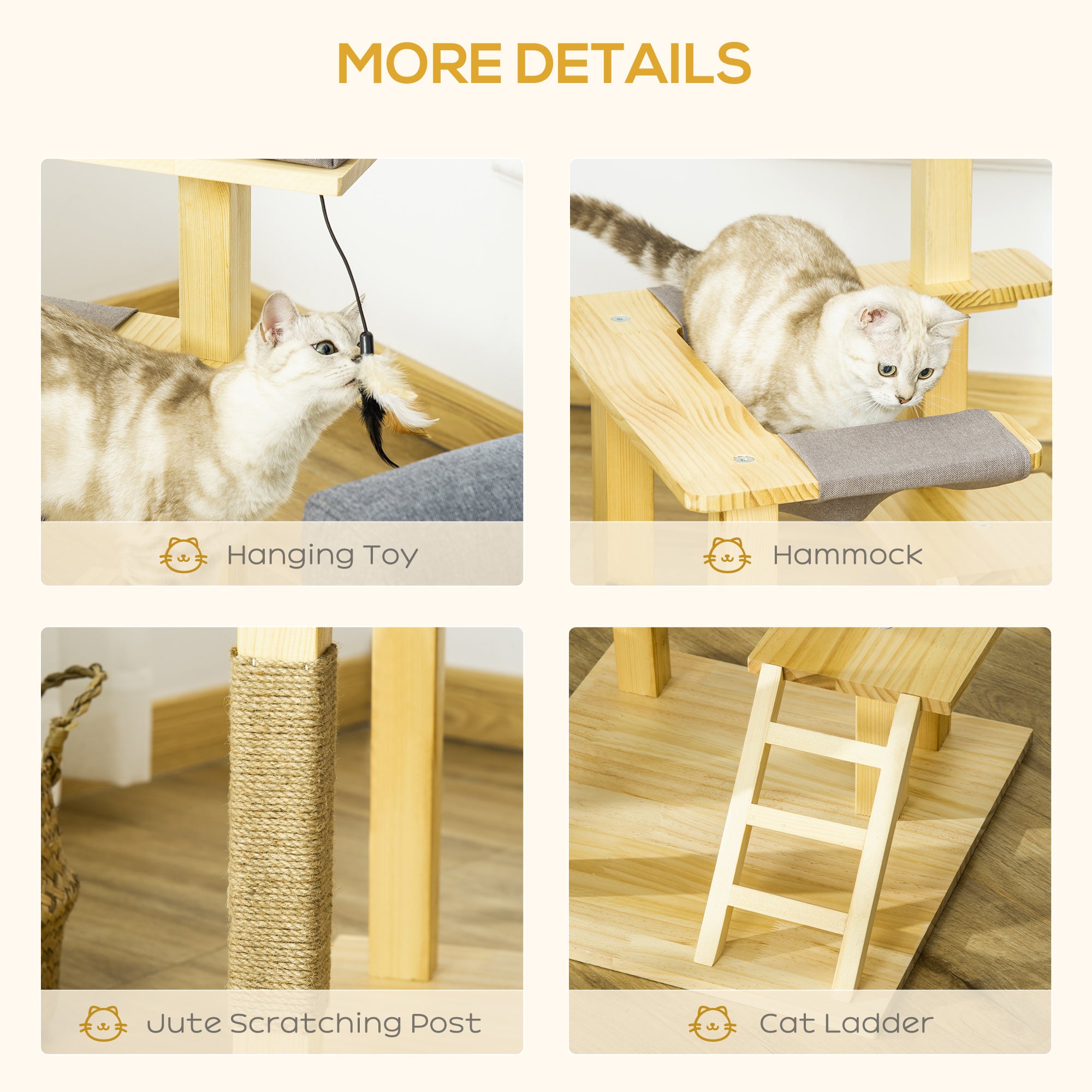 PawHut 25.5" Cat Tree Kitty Activity Center Pinewood Cat Climbing Toy Indoor Outdoor Pet Furniture with Jute Scratching Post Bed Perch Hanging Toy Ladder Cushion Natural