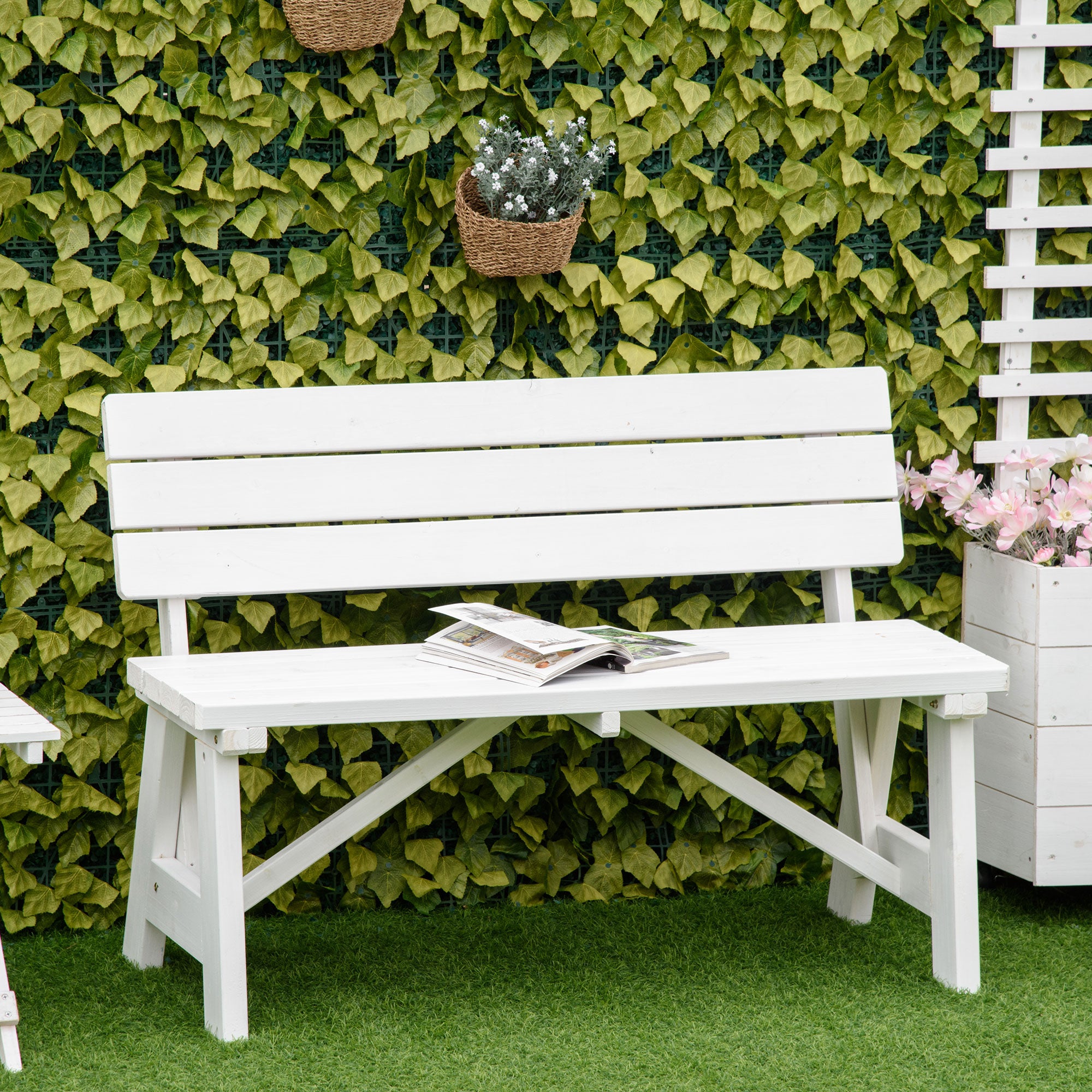Outsunny Wooden Garden Bench for Outdoor, 2-person Patio Bench, Loveseat Furniture for Lawn, Deck, Yard, Porch and Entryway, White