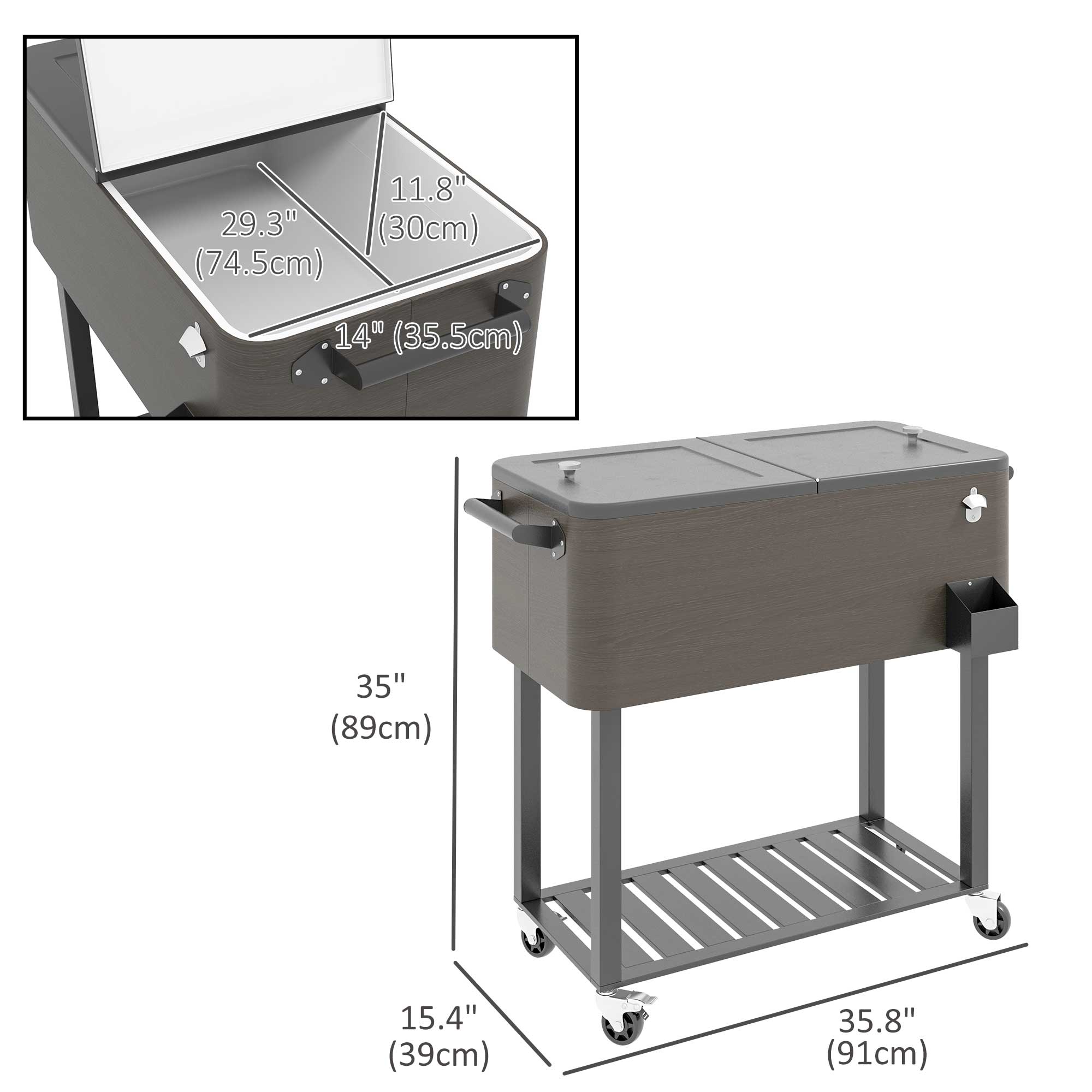 Outsunny Outdoor Beverage Cooler Bar Cart, 67-Qt Patio Cooler Cart Rolling Ice Chest with Shelf, Bottle Opener and Wheels, Grey