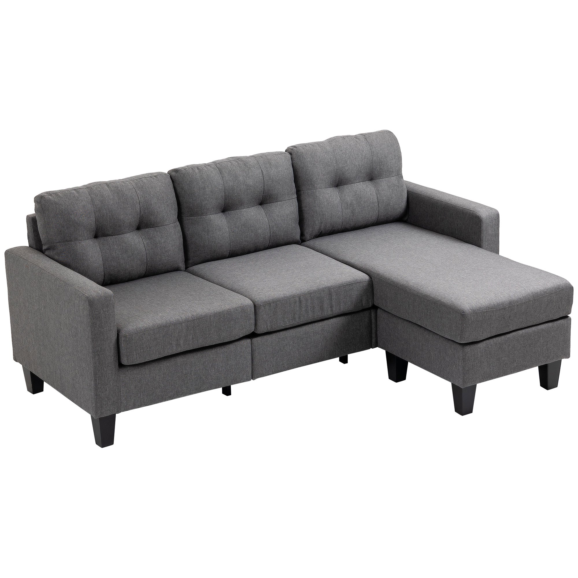 HOMCOM L-shaped Sofa, 3 Seater Couch with Ottoman, Corner Sofa with Thick Padded Cushion and Wood Legs, Dark Grey