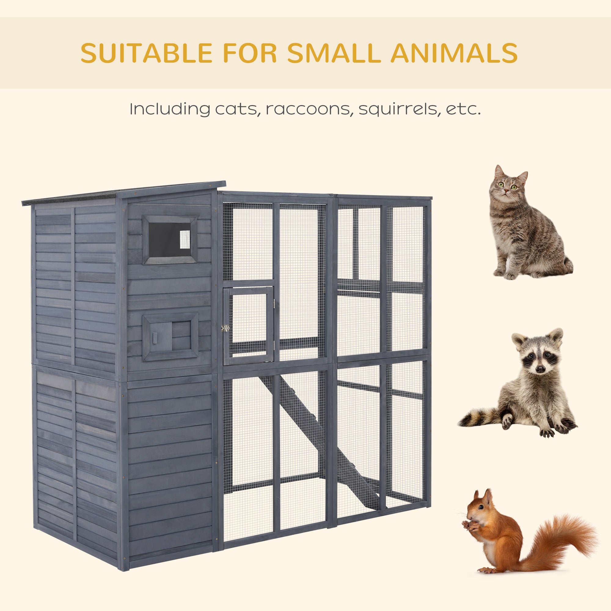 PawHut Outdoor Wooden Catio with 4 Tier Main House, Ramp, Platforms, Asphalt Roof, Ramps, Sliding Door, Window, Grey