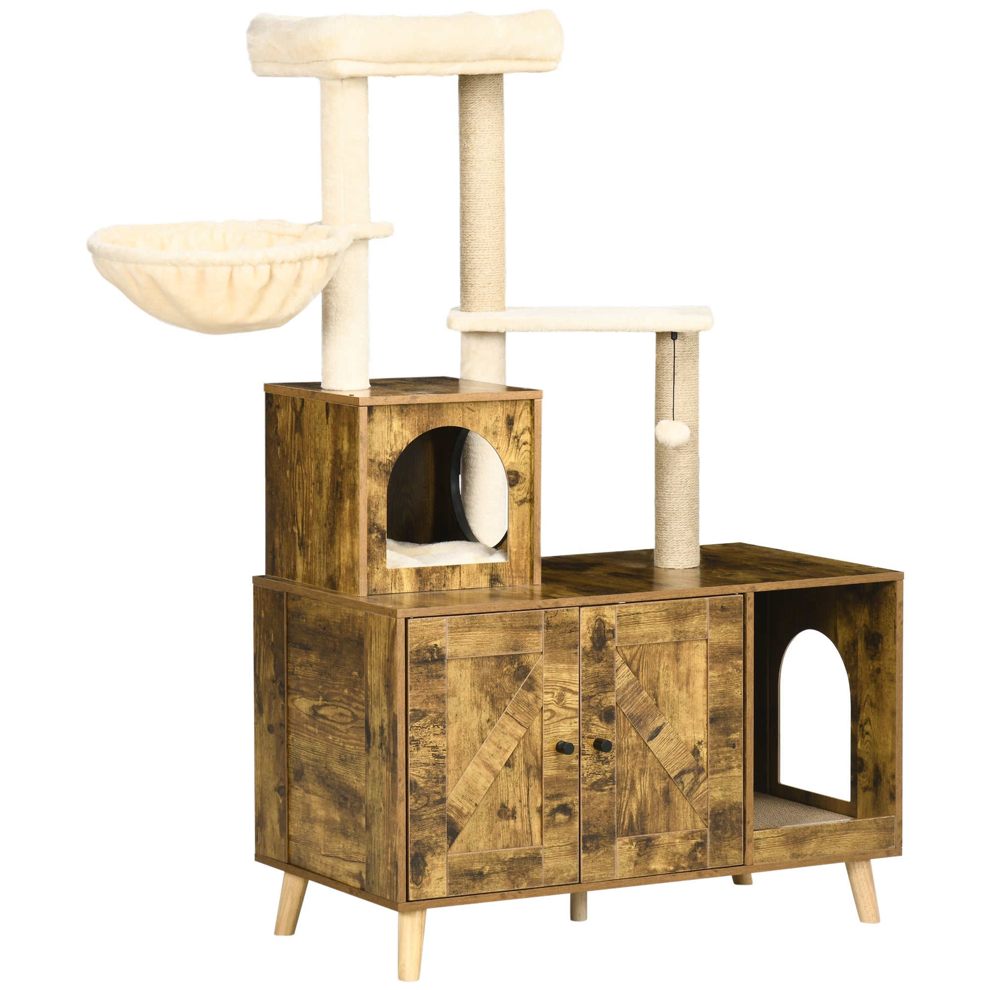 PawHut Litter Box Enclosure with Cat Tree Tower, Hidden Cat Washroom Furniture with Condo, Scratching Posts, Large Platform, Hammock and Soft Cushion, Rustic Brown