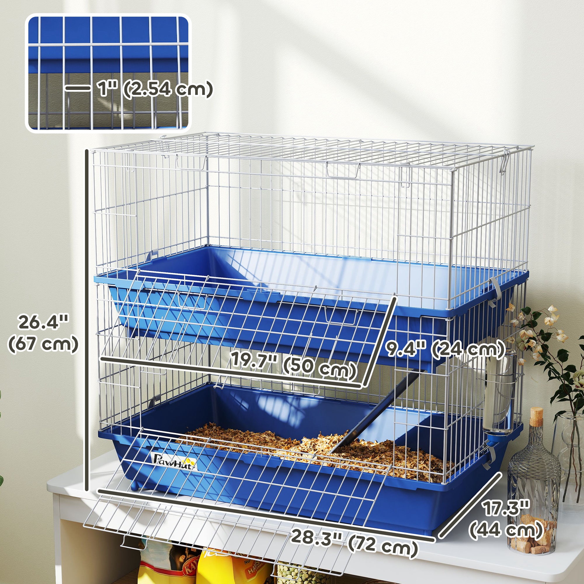 PawHut Metal Small Animal Cage, 2-Tier Guinea Pig Cage with 2 Doors, Platforms, Wide Ramp, Dish and Bottle, Deep Base, for Ferrets, Chinchillas, Bunnies, Blue