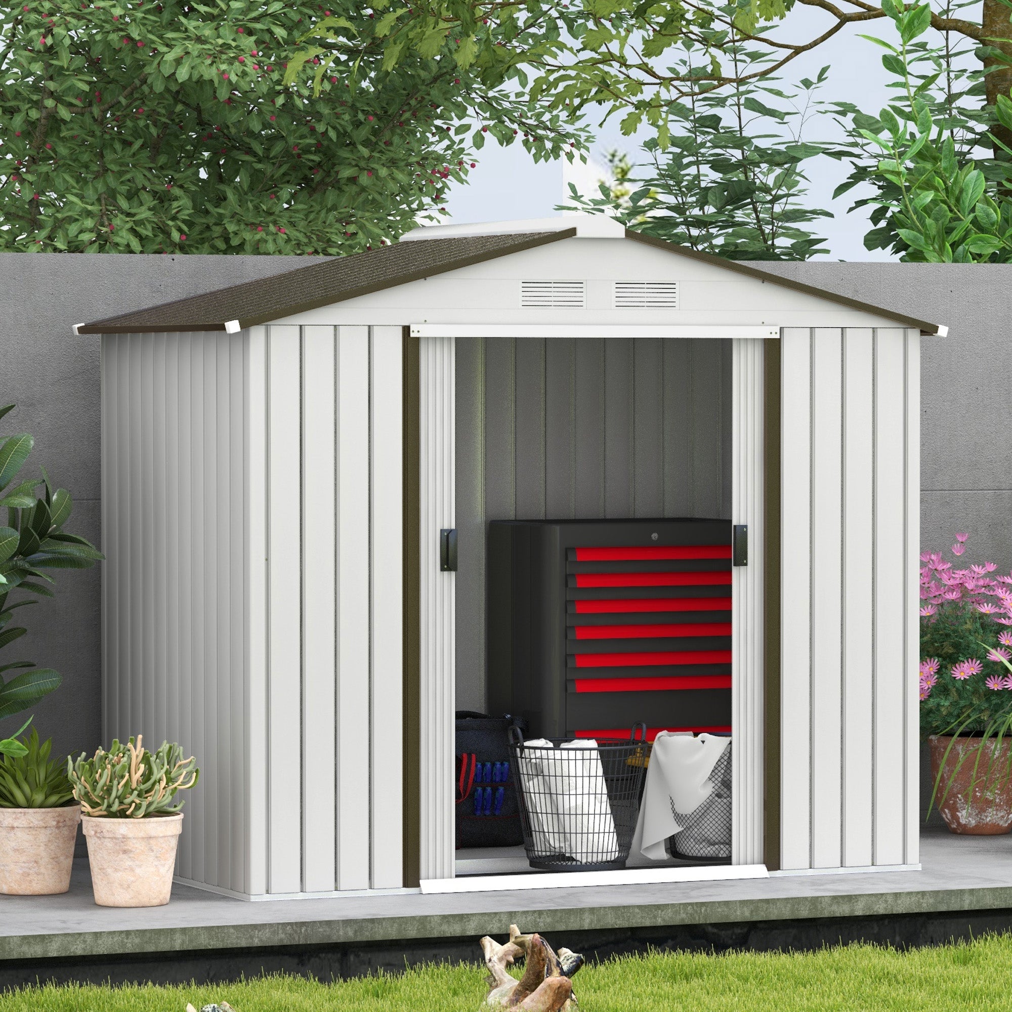 Outsunny 7' x 4' x 6' Garden Storage Shed Outdoor Patio Metal Tool Storage House w/ Foundation Kit and Double Doors Silver