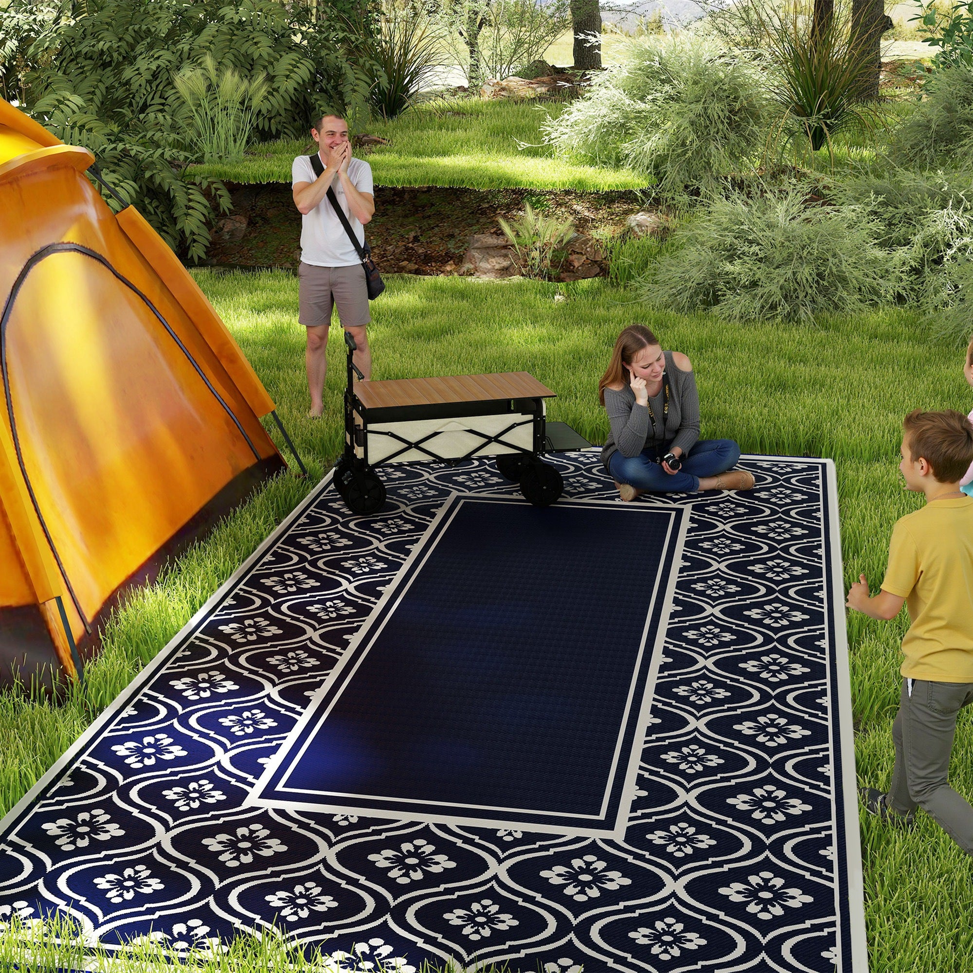 Outsunny 9' x 18' Outdoor RV Rug, Reversible Patio Floor Mat with Carry Bag, Gourd Border, Blue and White