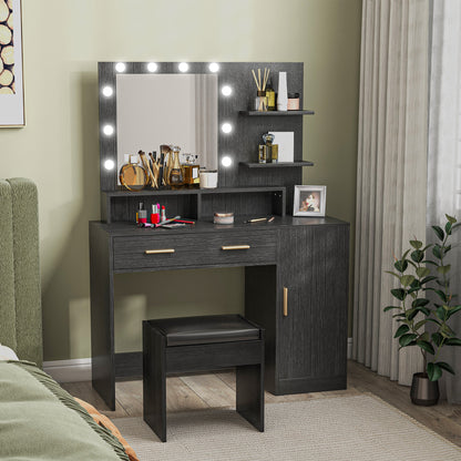 HOMCOM Illuminated Dressing Table Set, LED Vanity Table Set with Stool, LED Mirror, Drawer and Cabinet Shelves for Bedroom