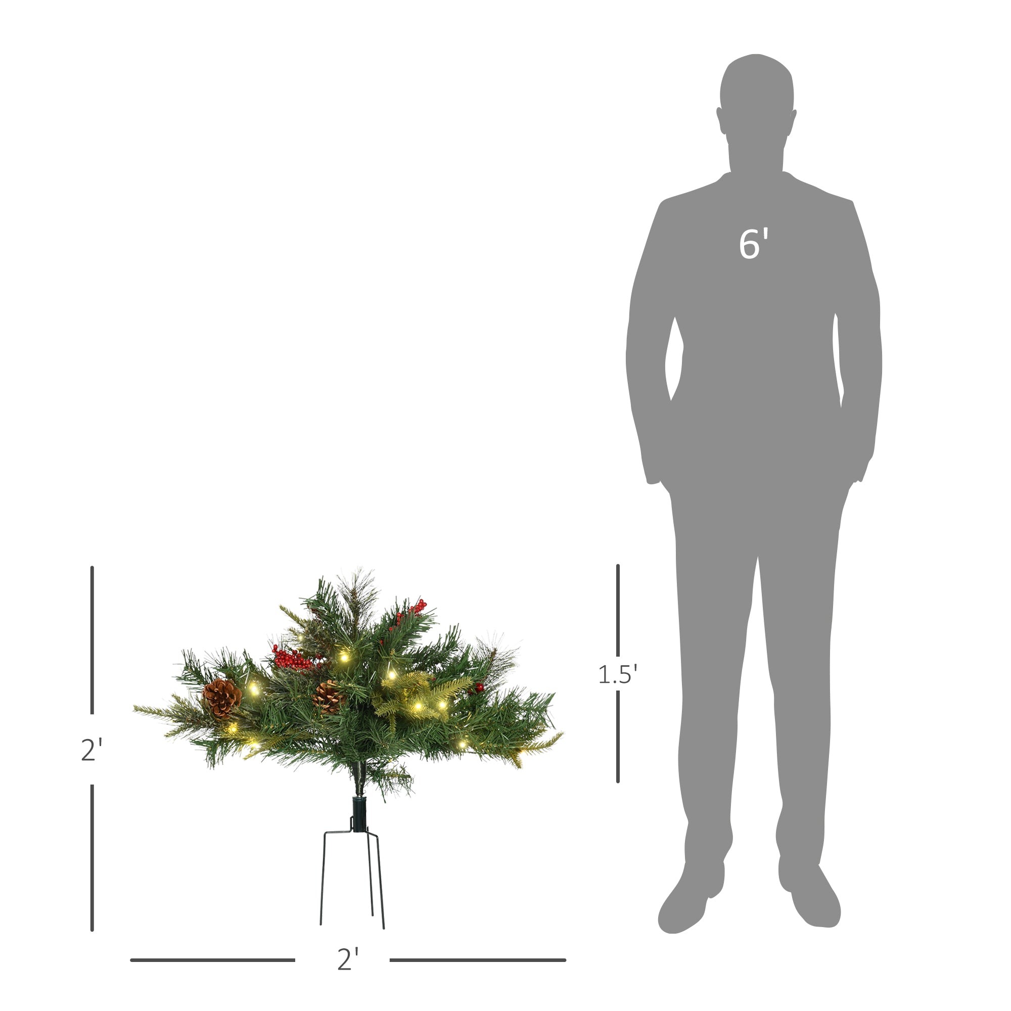 HOMCOM 1.5 Foot/16 inch 2 Pack Prelit Artificial Christmas Tree Cordless with 69 Branches, Warm White LED lights, Red Berries, Pine Cones, for Outdoor Entryway, Green