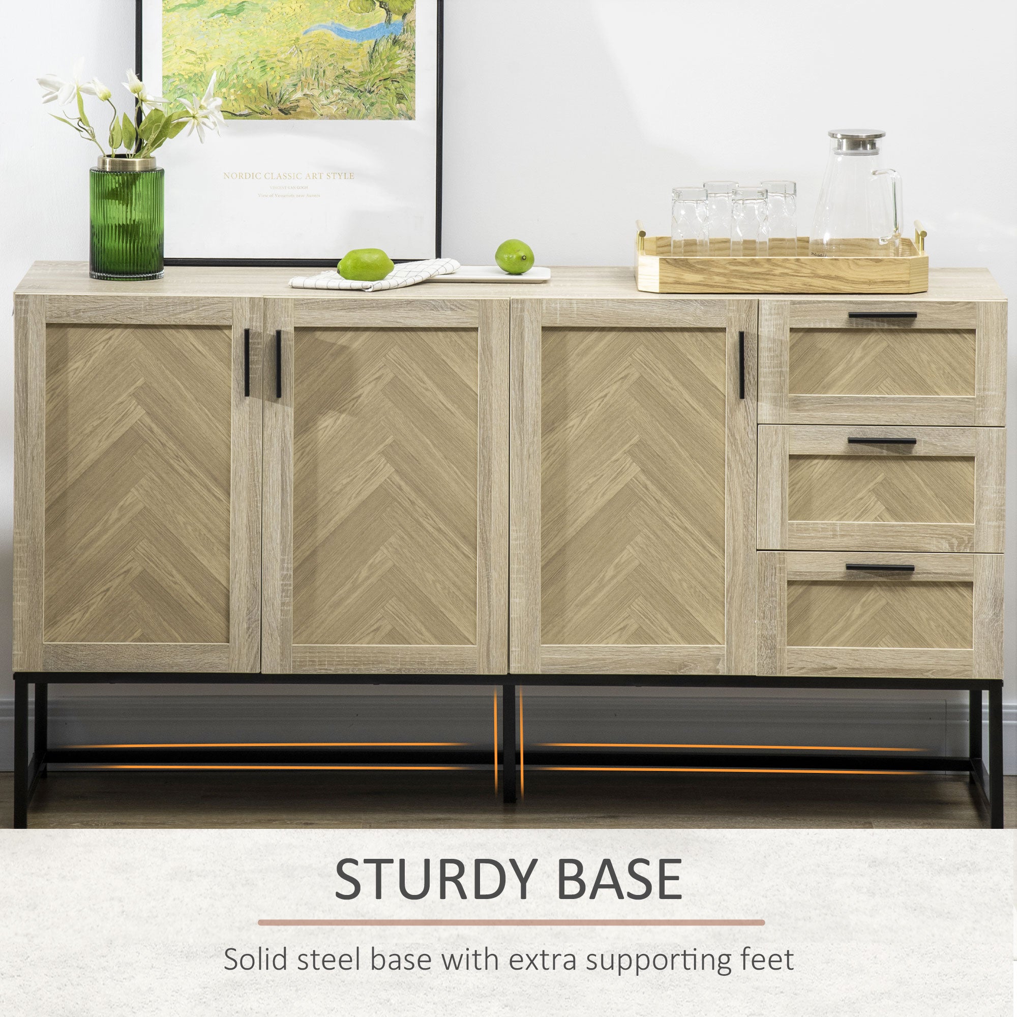 HOMCOM Buffet Cabinet, Coffee Bar Cabinet with Drawers and Adjustable Shelves, Oak