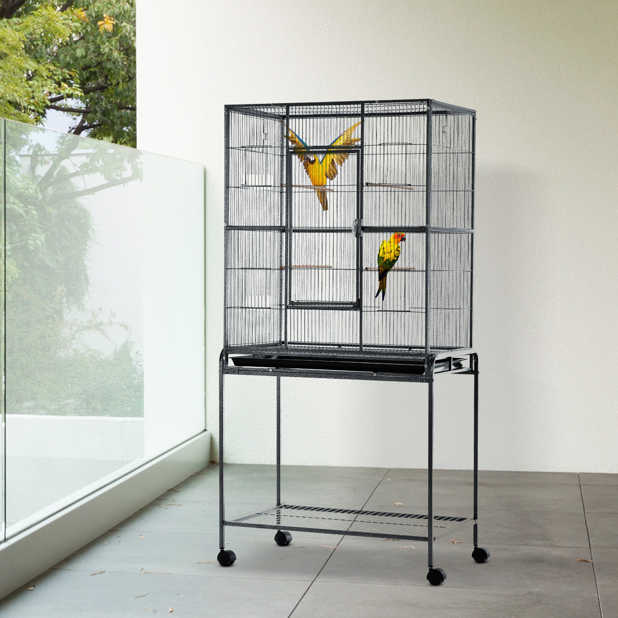 PawHut 30'' Large Rolling Metal Bird Cage Bird House with Detachable Rolling Stand, Storage Shelf, Wood Perch Food Container - Black