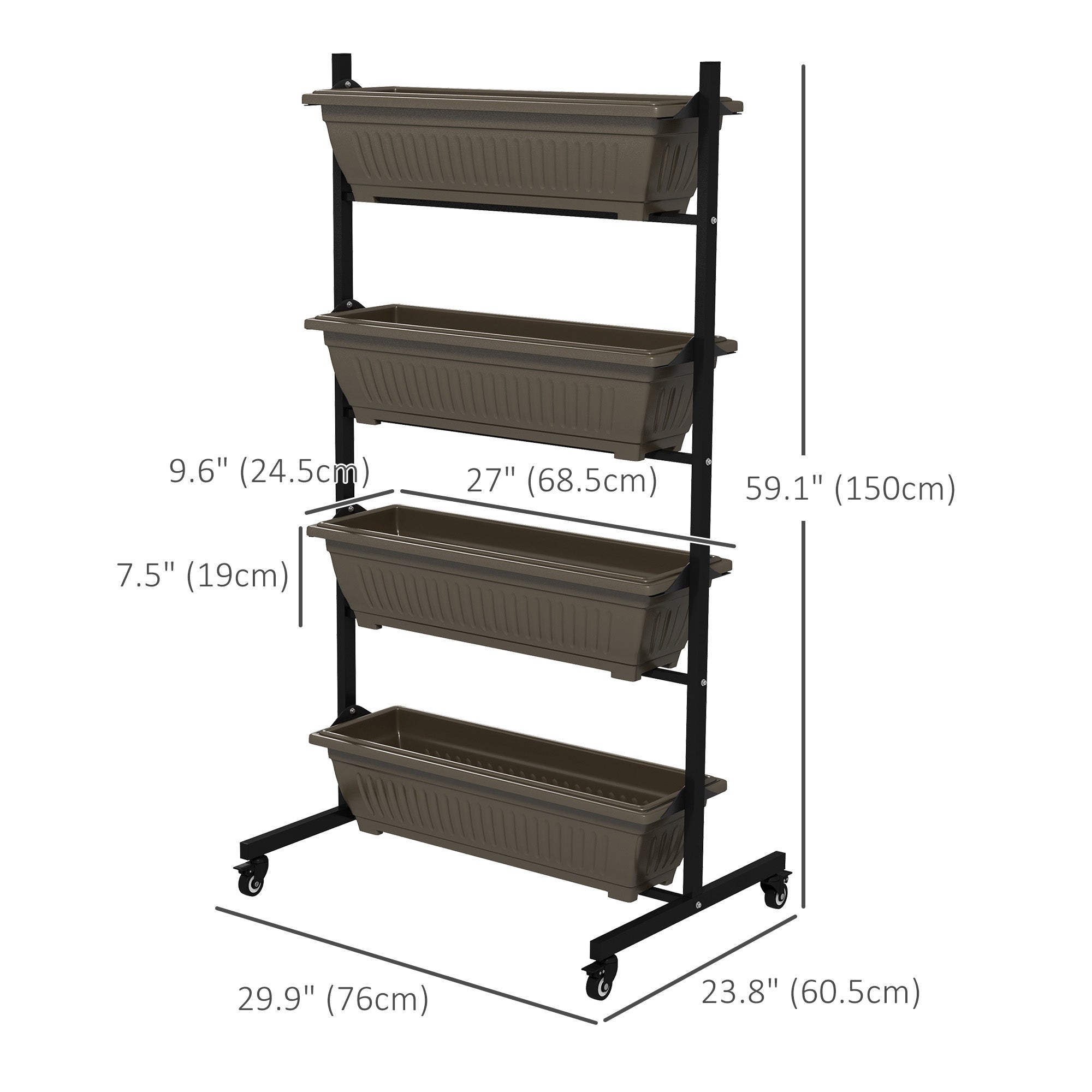 Outsunny 4-Tier Vertical Raised Garden Planter with 4 Boxes, Wheels, Outdoor Plant Stand for Vegetable Flowers, Brown