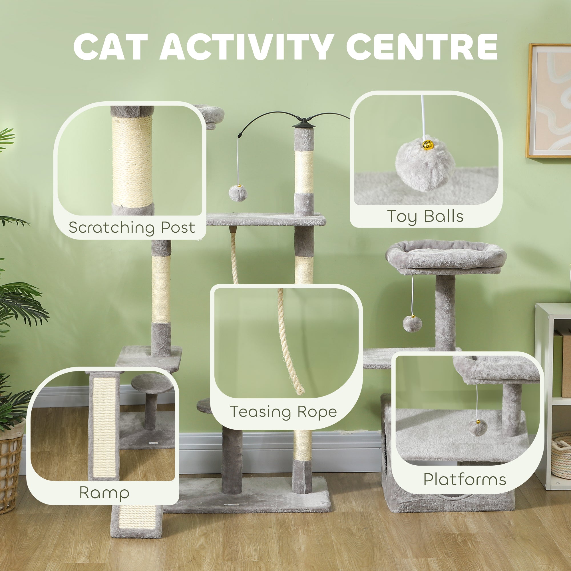 PawHut 53" Cat Tree, Cat Tower with Scratching Posts, Cat Condo, Beds, Platforms, Toy Balls for Indoor Cats, Light Grey