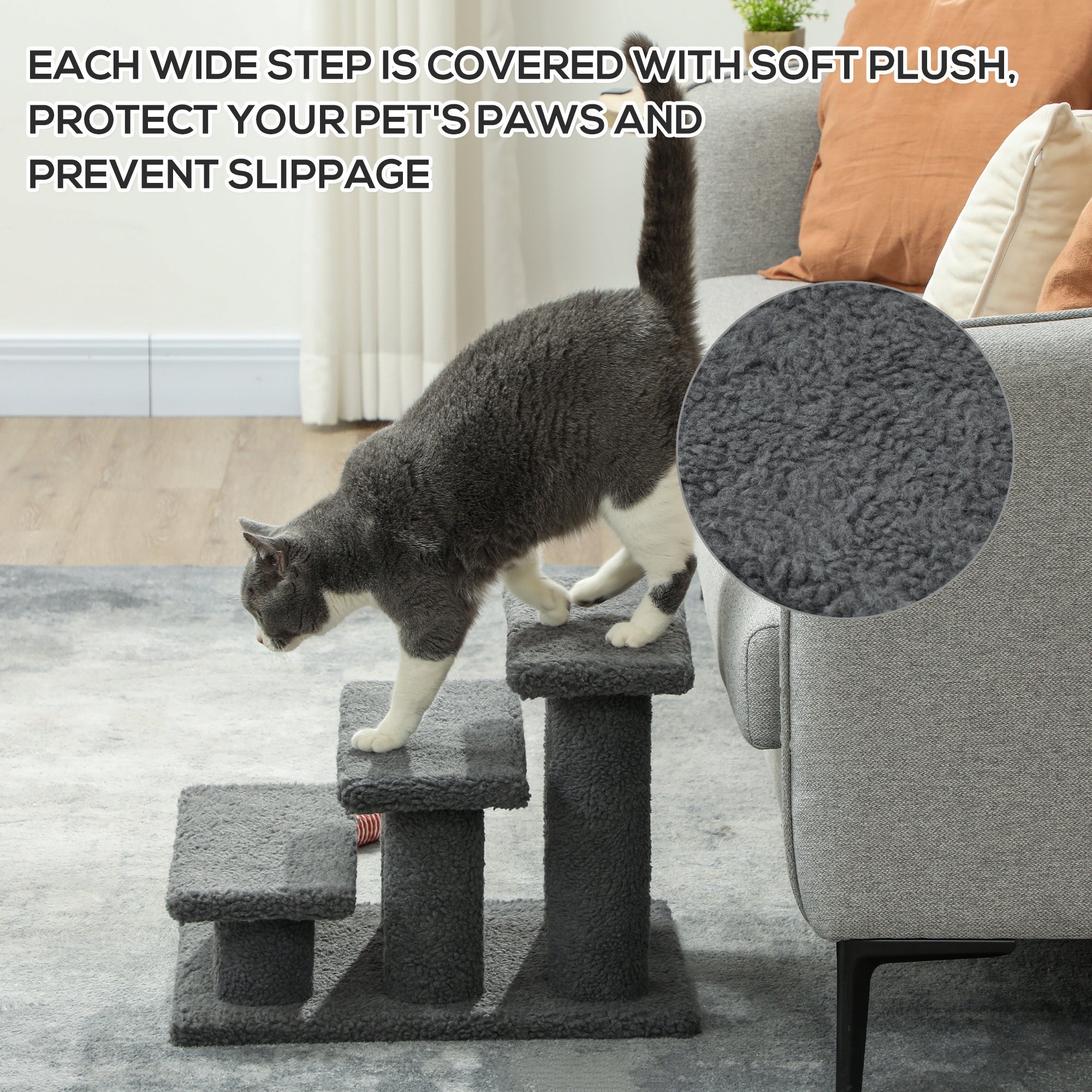 PawHut 18" 3 Tier Pet Stairs Dog Cat Step Scratch Post Furniture,  Dark Grey