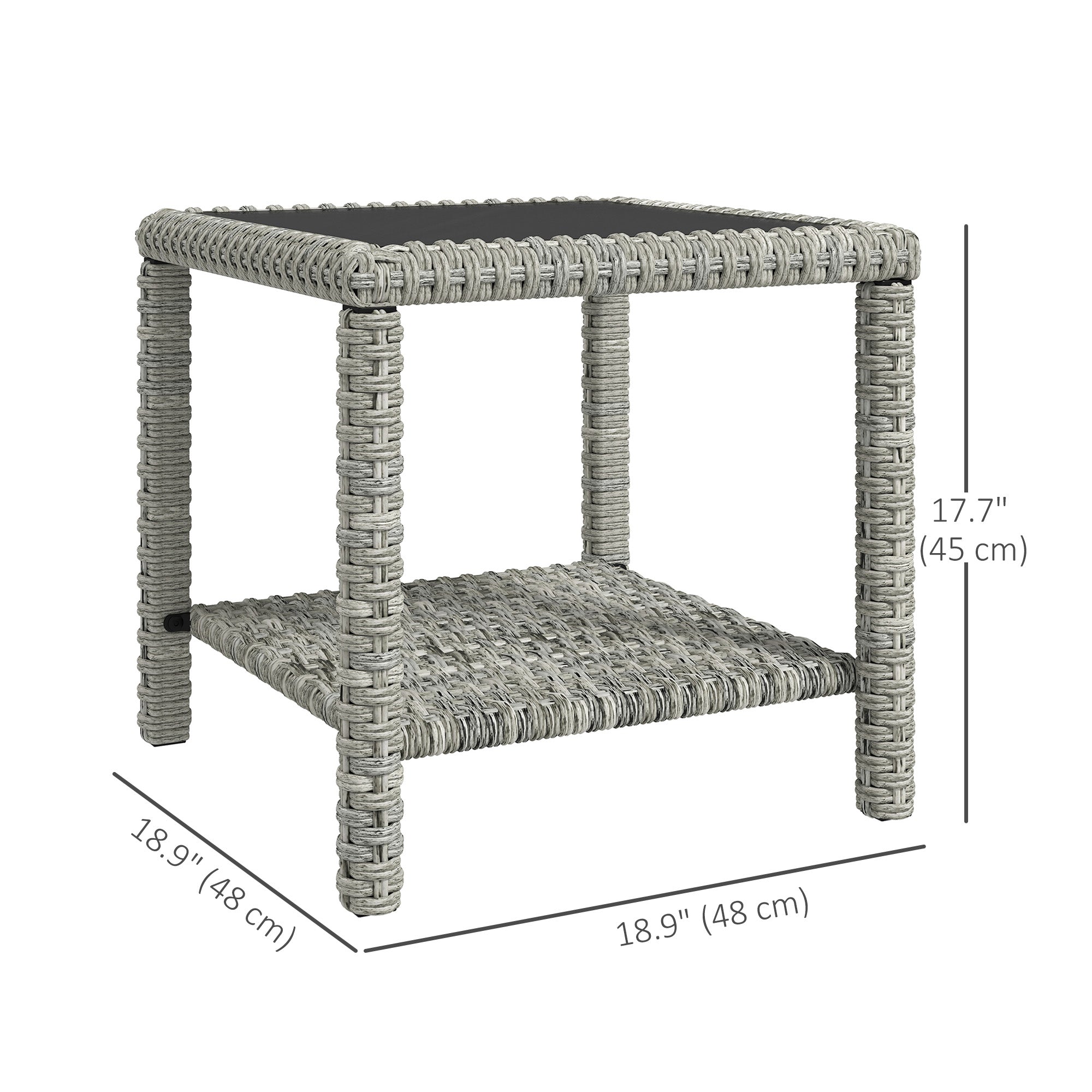 Outsunny 19" Outdoor Wicker Coffee Table with Glass Top, Storage Shelf for Garden Porch Balcony Deck, Dark Grey