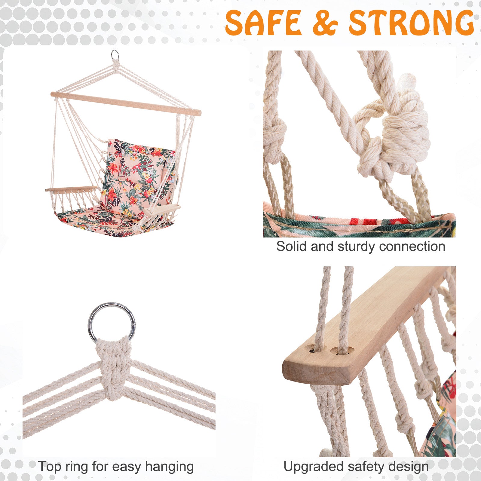 Outsunny Patio Hammock Chair, Portable Hanging Cotton Rope Hammock Swing Chair Sleeping Bed Seat with Armrest for Outdoor Garden Yard Camping Multicolor