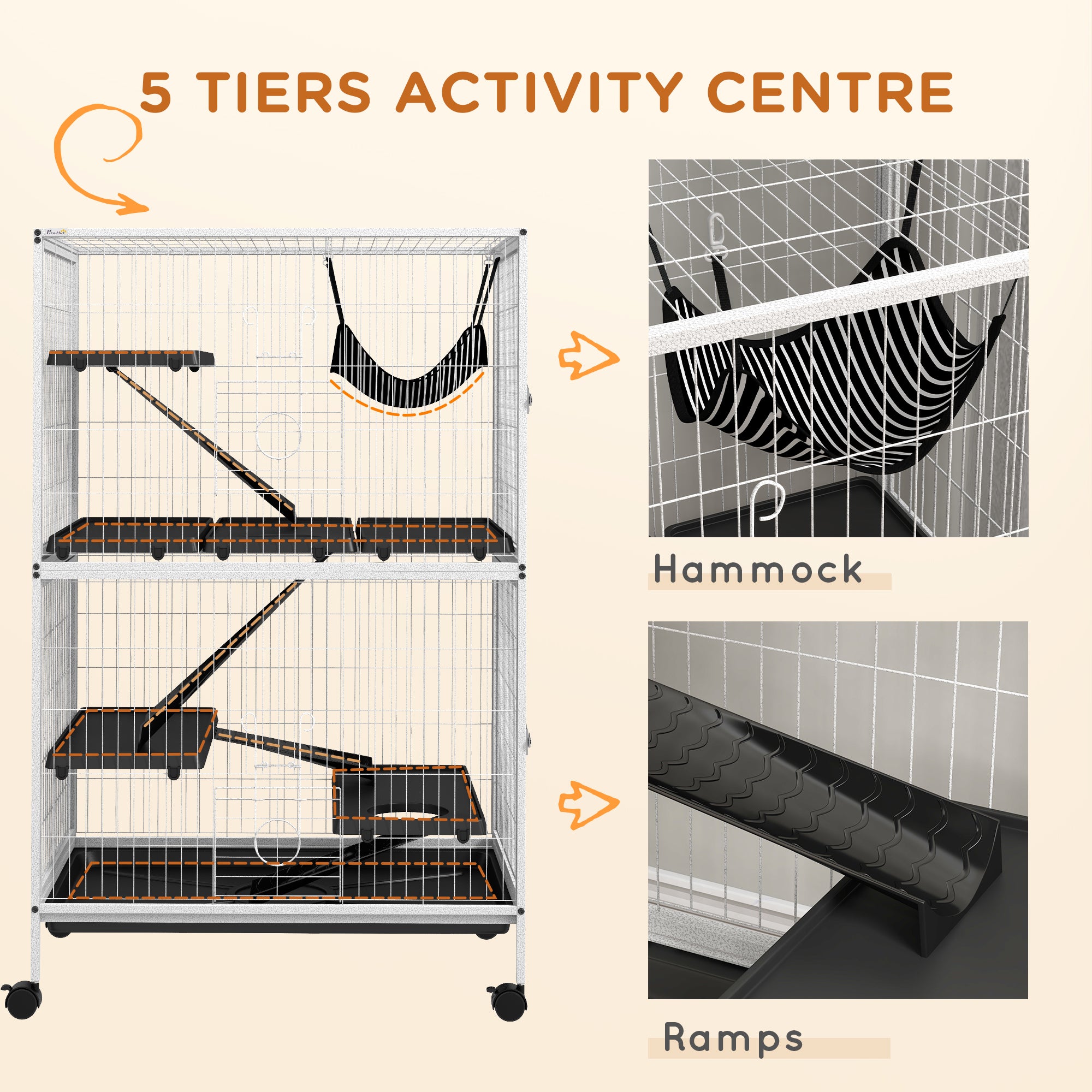 PawHut 5-Tier Rolling Small Animal Cage, Deluxe Guinea Pig Cage, Ferret Cage for Mink Chinchilla Kitten Rabbit, Light Grey