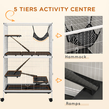 PawHut 5-Tier Rolling Small Animal Cage, Deluxe Guinea Pig Cage, Ferret Cage for Mink Chinchilla Kitten Rabbit, Light Grey