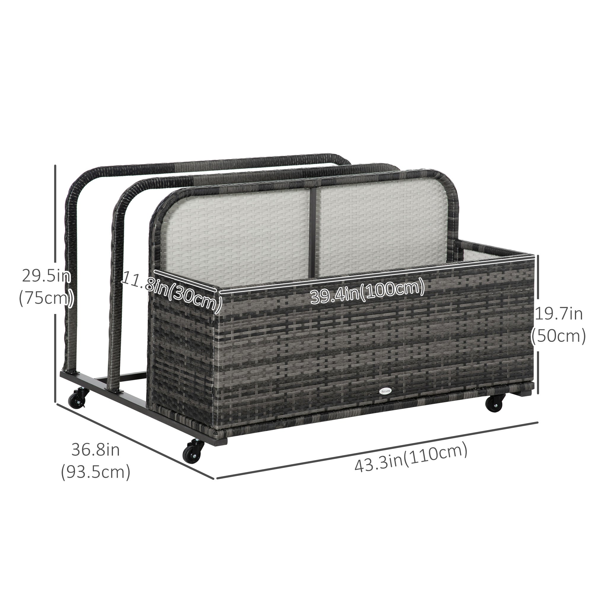 Outsunny Rolling Pool Storage Rattan Patio Furniture Outdoor Storage Wicker Organizer for Floats, Paddles, Balls, Towels, Grey