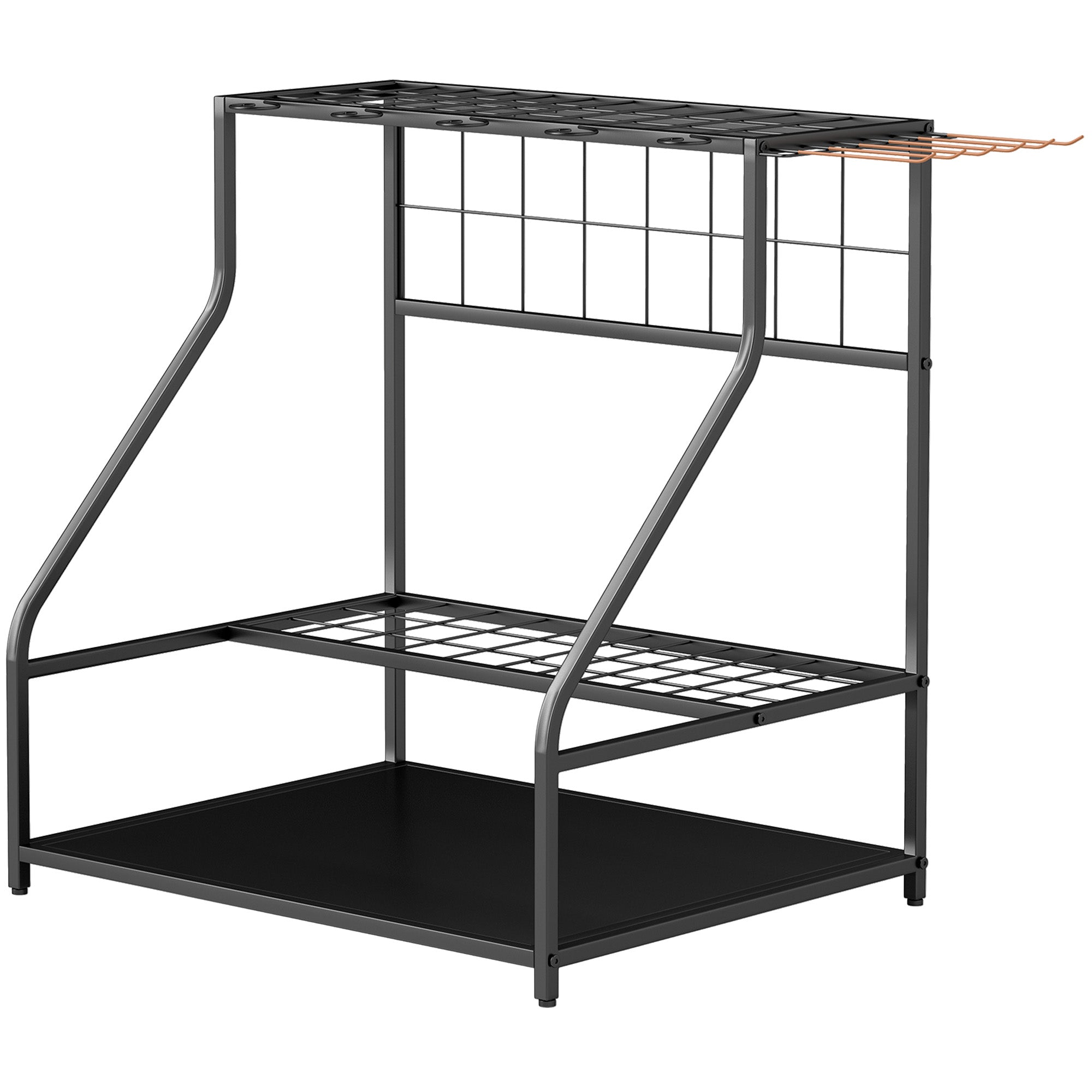 Outsunny 3-Tier Yard Tool Tower Rack, Garden Tool Organizer with Hooks for Long-Handled Rakes, Shovel, Broom, Orange