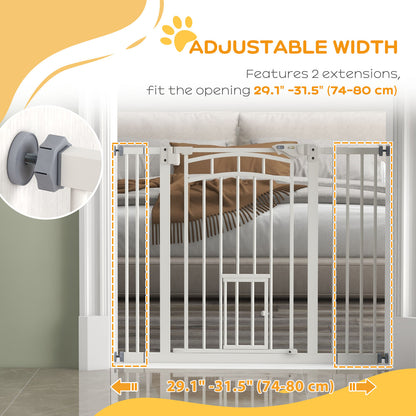 PawHut Auto-Close Pet Gate, Stair Gate with Cat Door, Double Locking for Doorways Hallways Stairs, Fits 29"-39.4" Wide, White