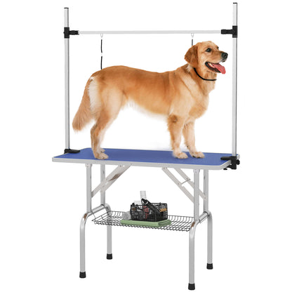 PawHut Adjustable Dog Grooming Table with 2 Safety Slings, Storage Basket, Blue